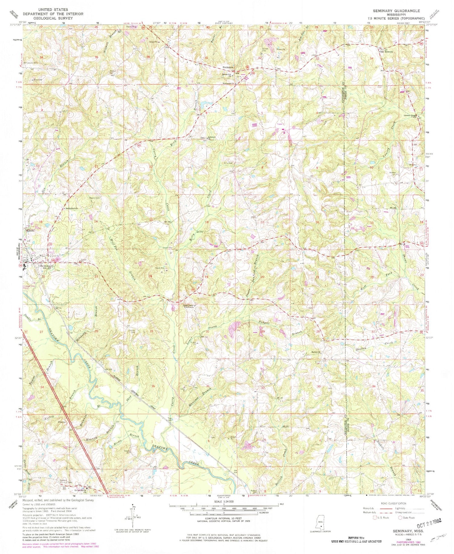 Classic USGS Seminary Mississippi 7.5'x7.5' Topo Map Image
