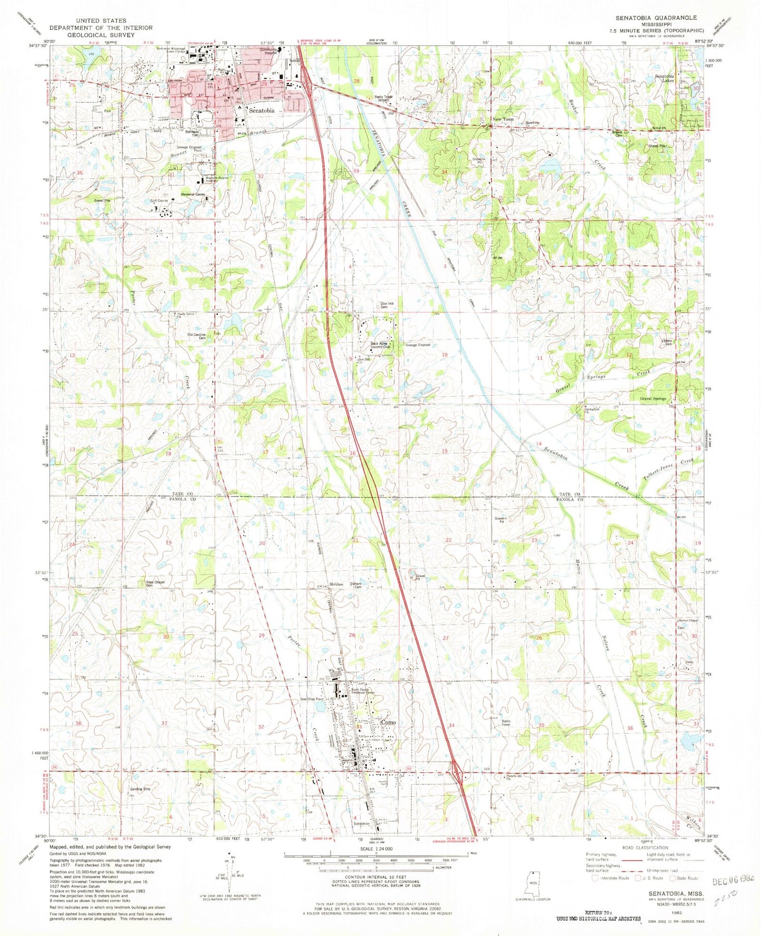 Classic USGS Senatobia Mississippi 7.5'x7.5' Topo Map Image