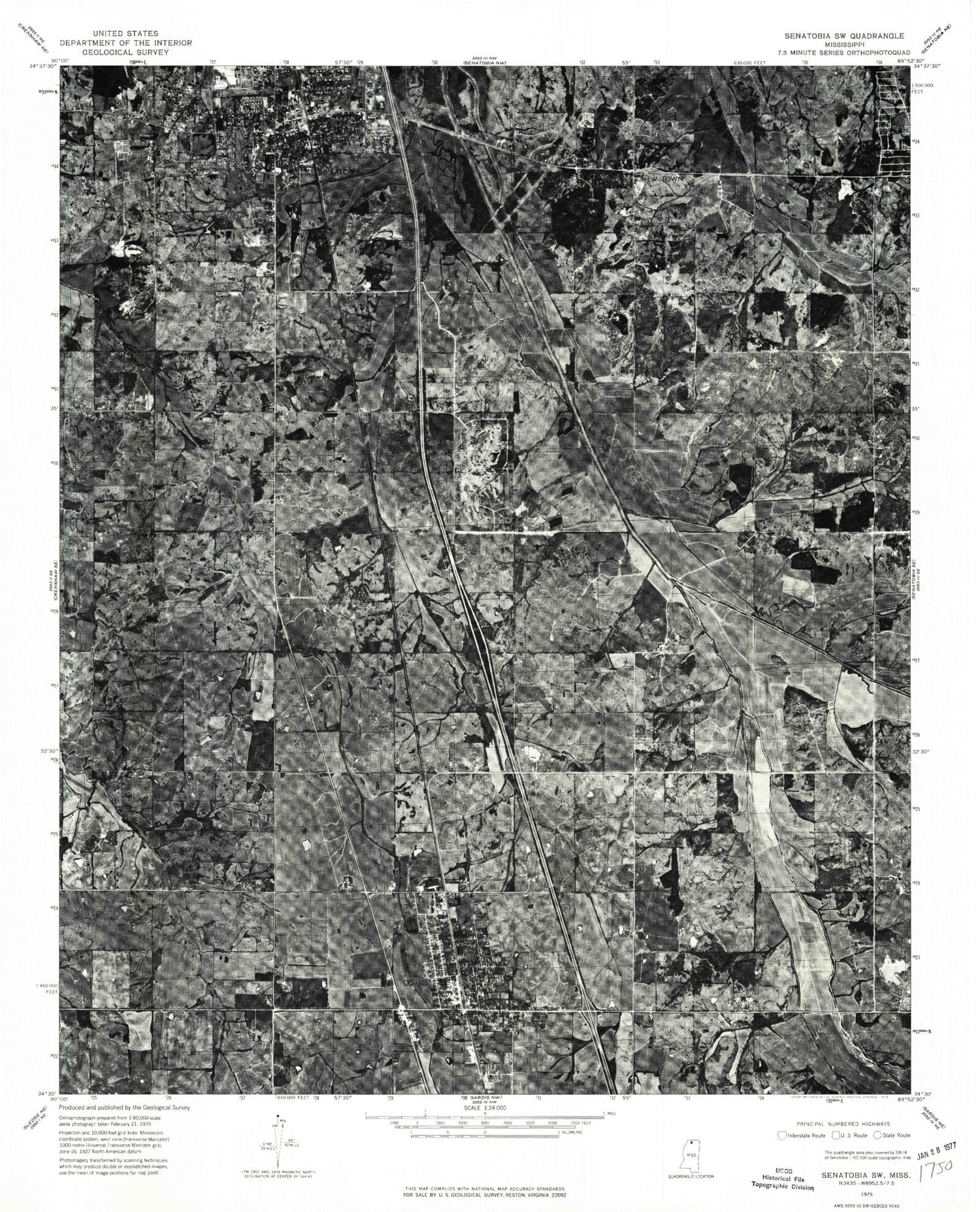 Classic USGS Senatobia Mississippi 7.5'x7.5' Topo Map Image