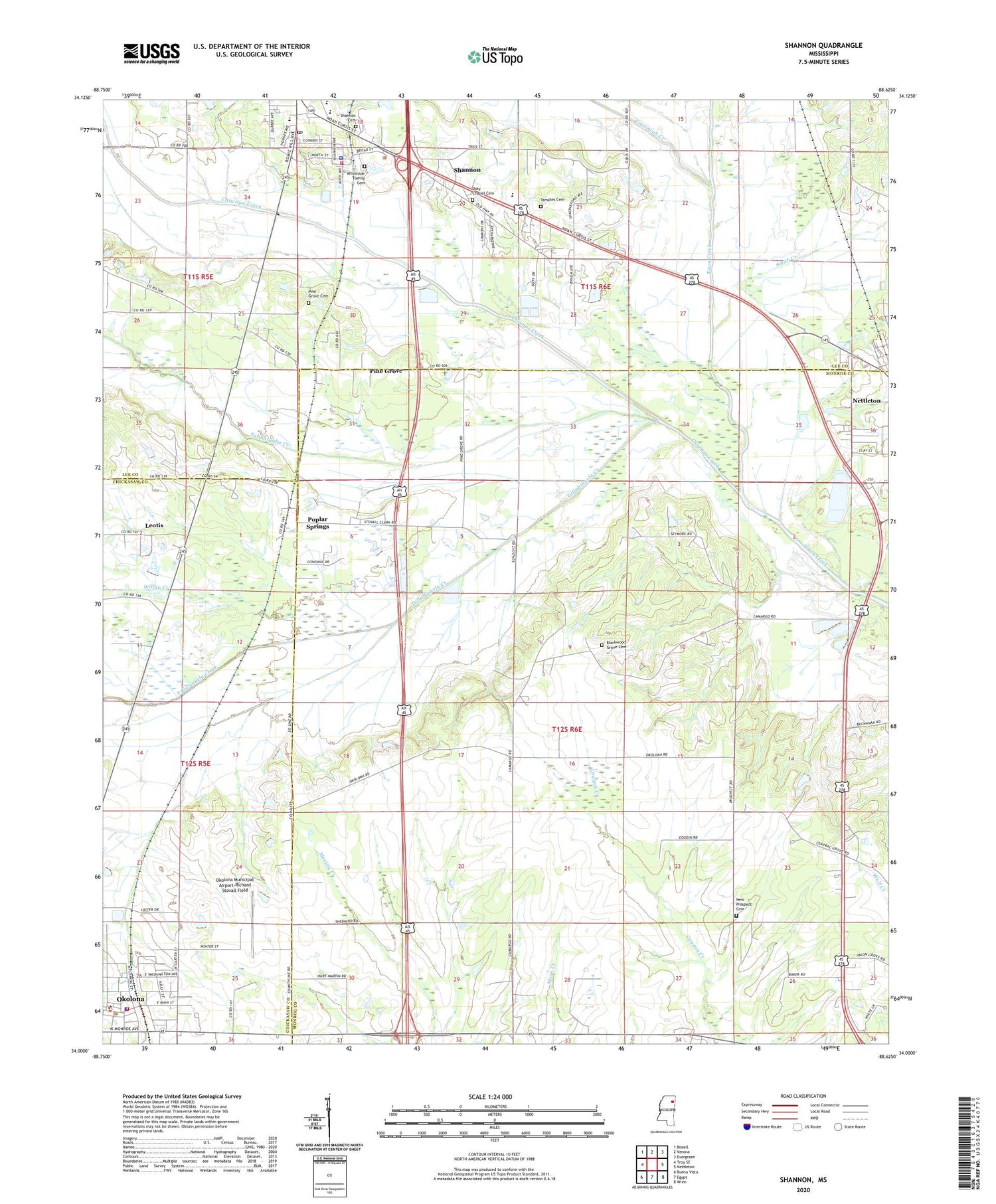 Shannon Mississippi US Topo Map Image