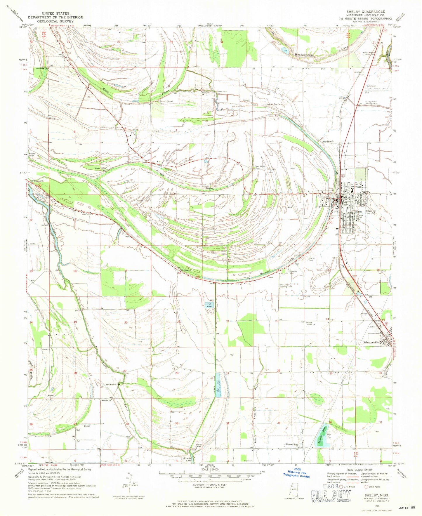 Classic USGS Shelby Mississippi 7.5'x7.5' Topo Map Image