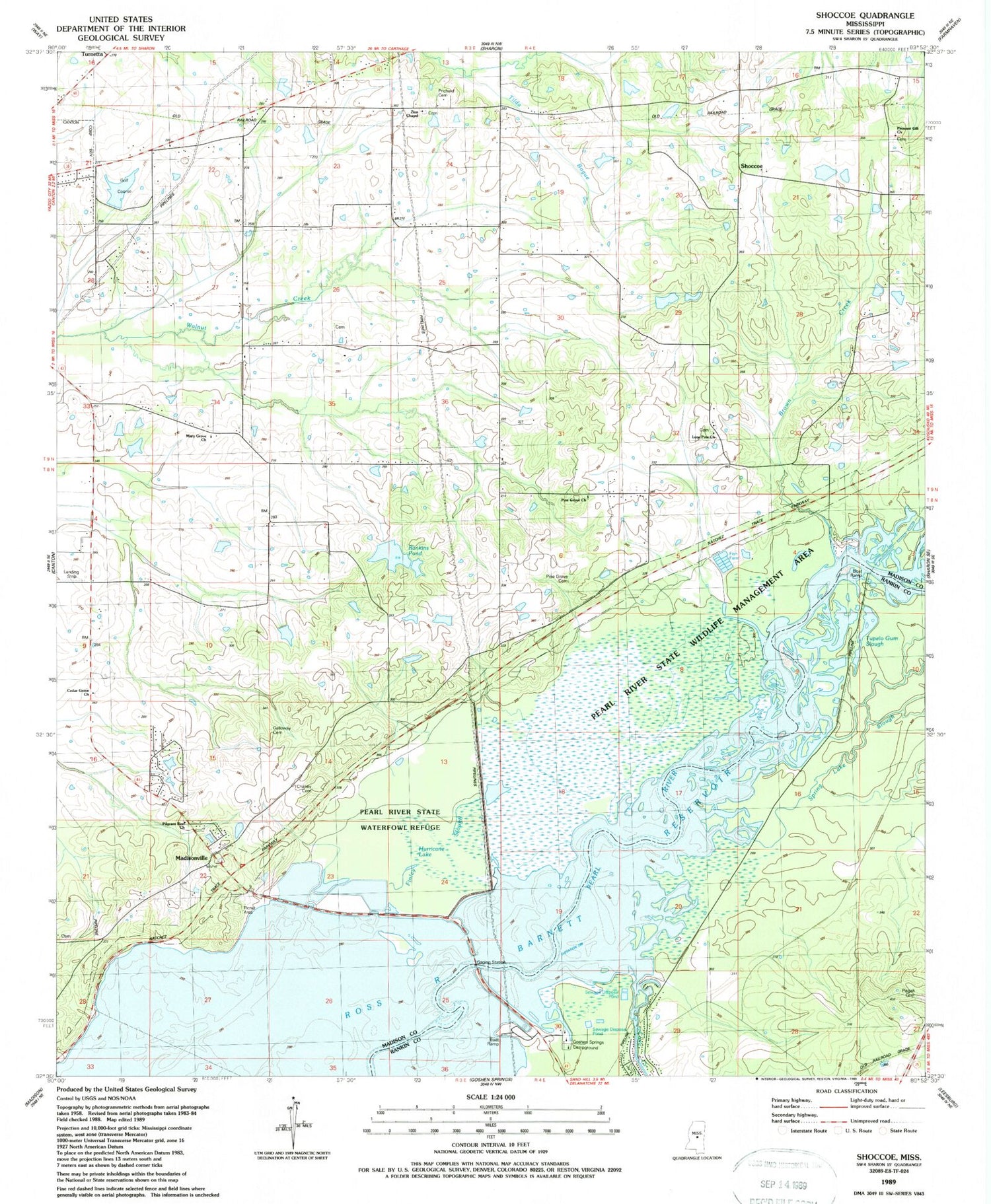 Classic USGS Shoccoe Mississippi 7.5'x7.5' Topo Map Image
