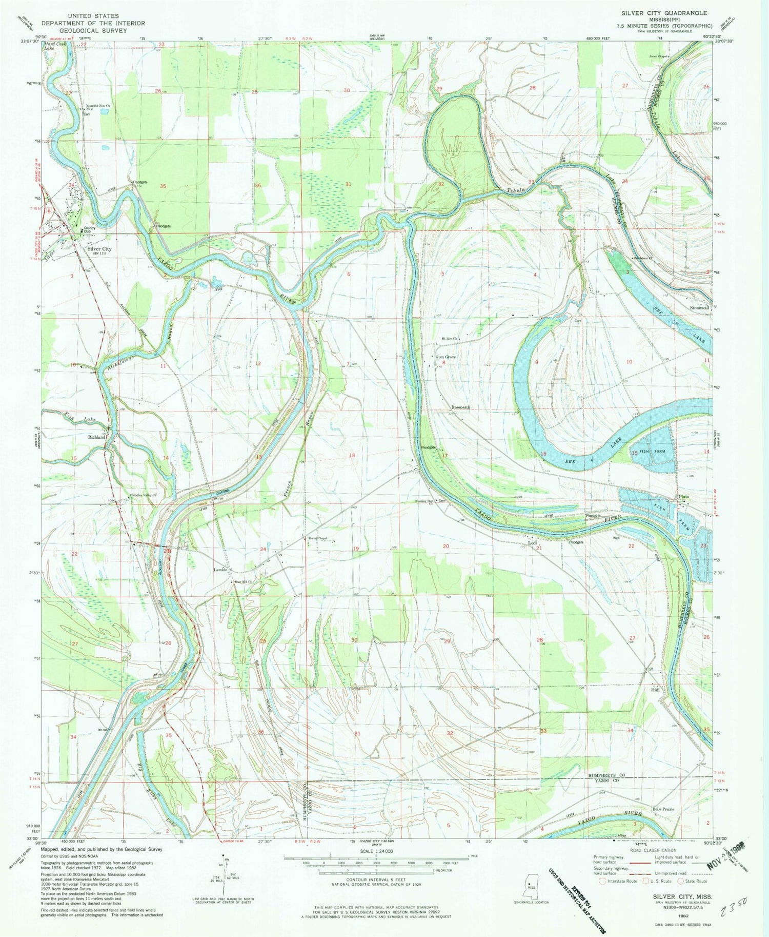 Classic USGS Silver City Mississippi 7.5'x7.5' Topo Map Image