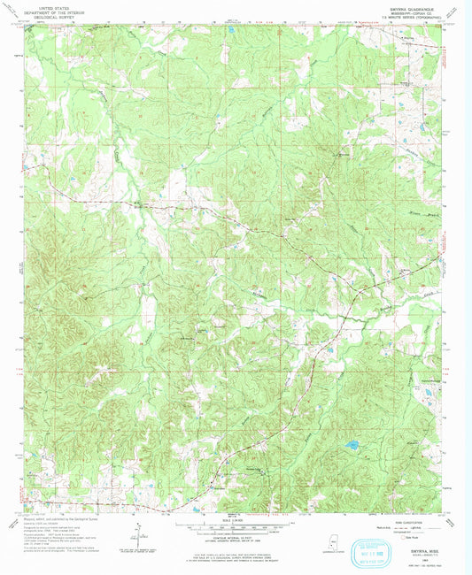 Classic USGS Smyrna Mississippi 7.5'x7.5' Topo Map Image