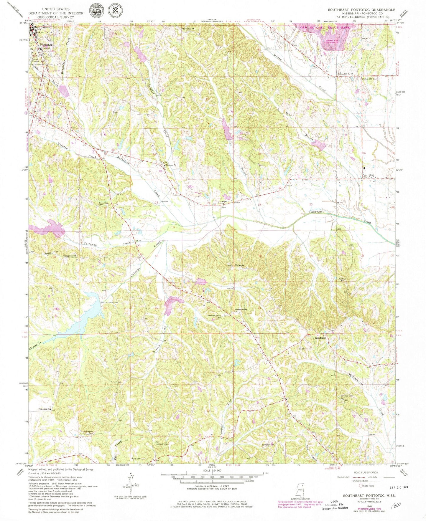 Classic USGS Southeast Pontotoc Mississippi 7.5'x7.5' Topo Map Image