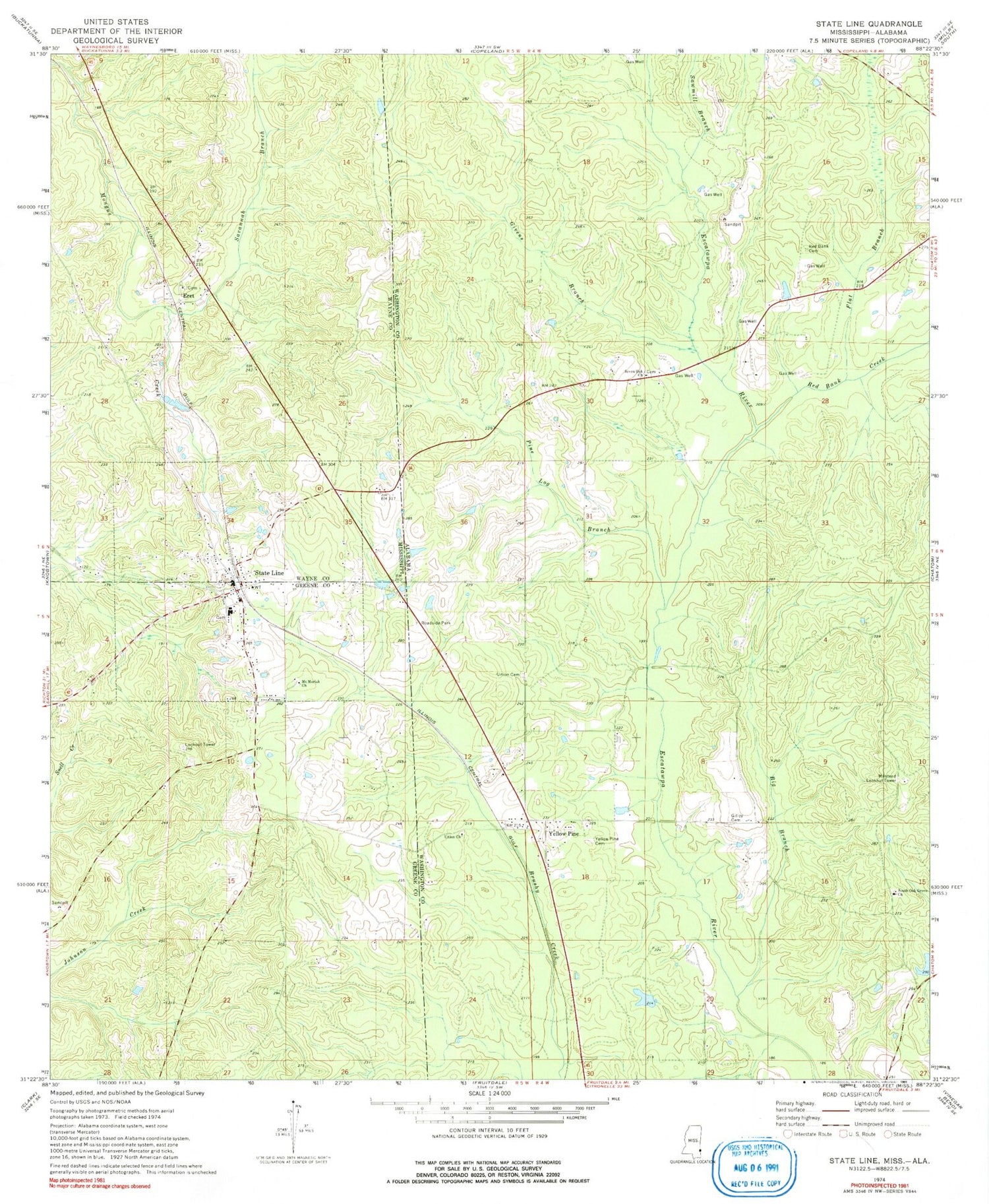 Classic USGS State Line Mississippi 7.5'x7.5' Topo Map Image
