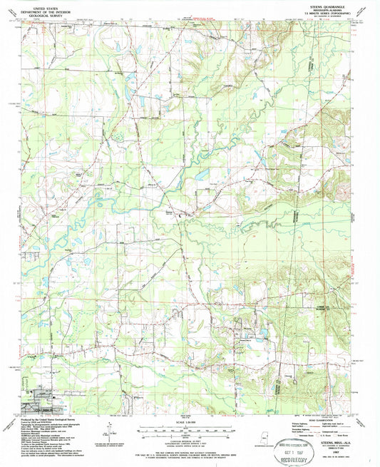 Classic USGS Steens Mississippi 7.5'x7.5' Topo Map Image