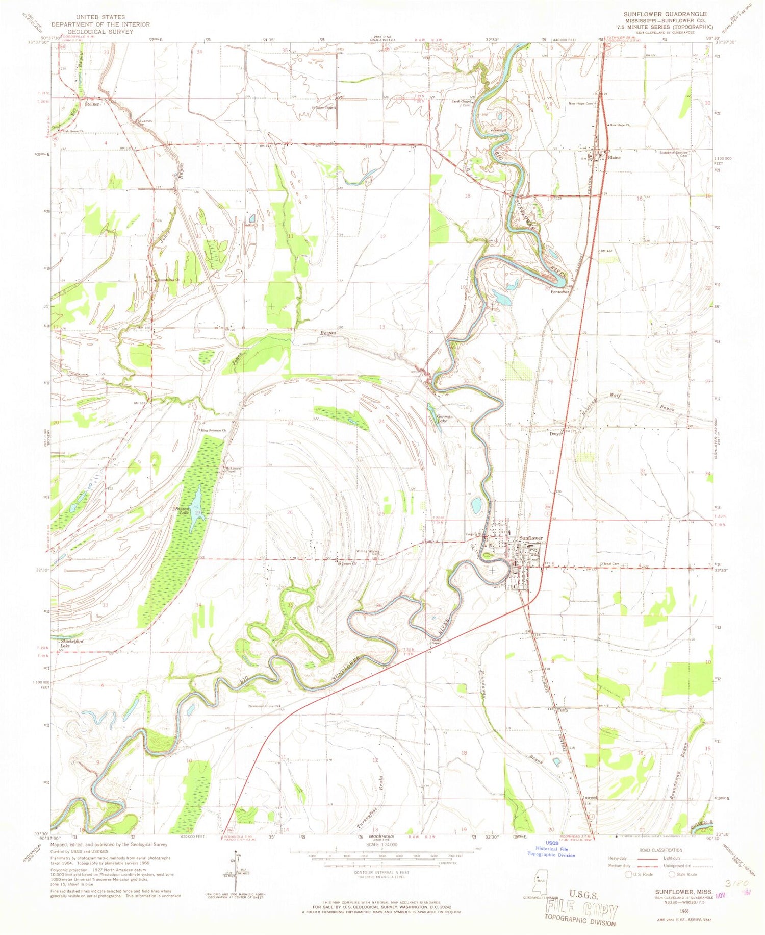 Classic USGS Sunflower Mississippi 7.5'x7.5' Topo Map Image