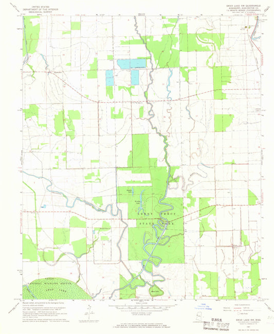 Classic USGS Swan Lake NW Mississippi 7.5'x7.5' Topo Map Image