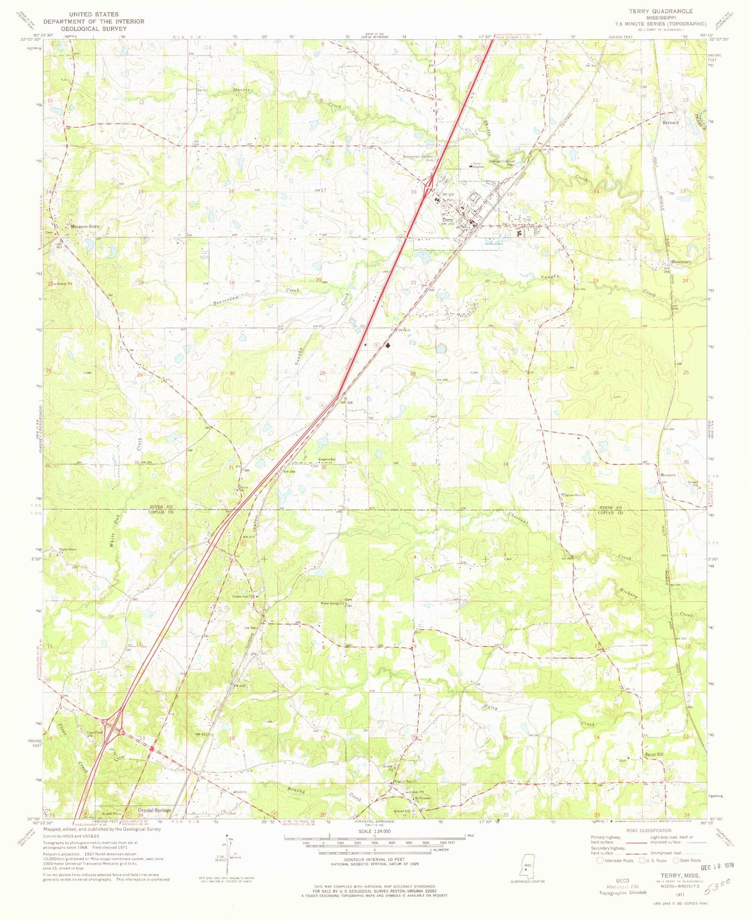 Classic USGS Terry Mississippi 7.5'x7.5' Topo Map Image