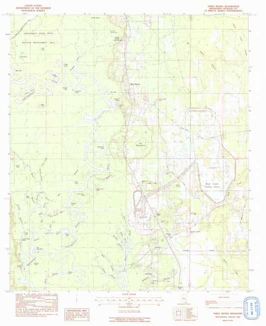 Classic USGS Three Rivers Mississippi 7.5'x7.5' Topo Map Image