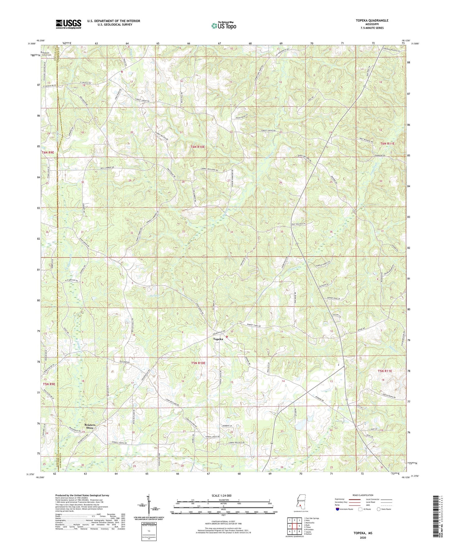 Topeka Mississippi US Topo Map Image