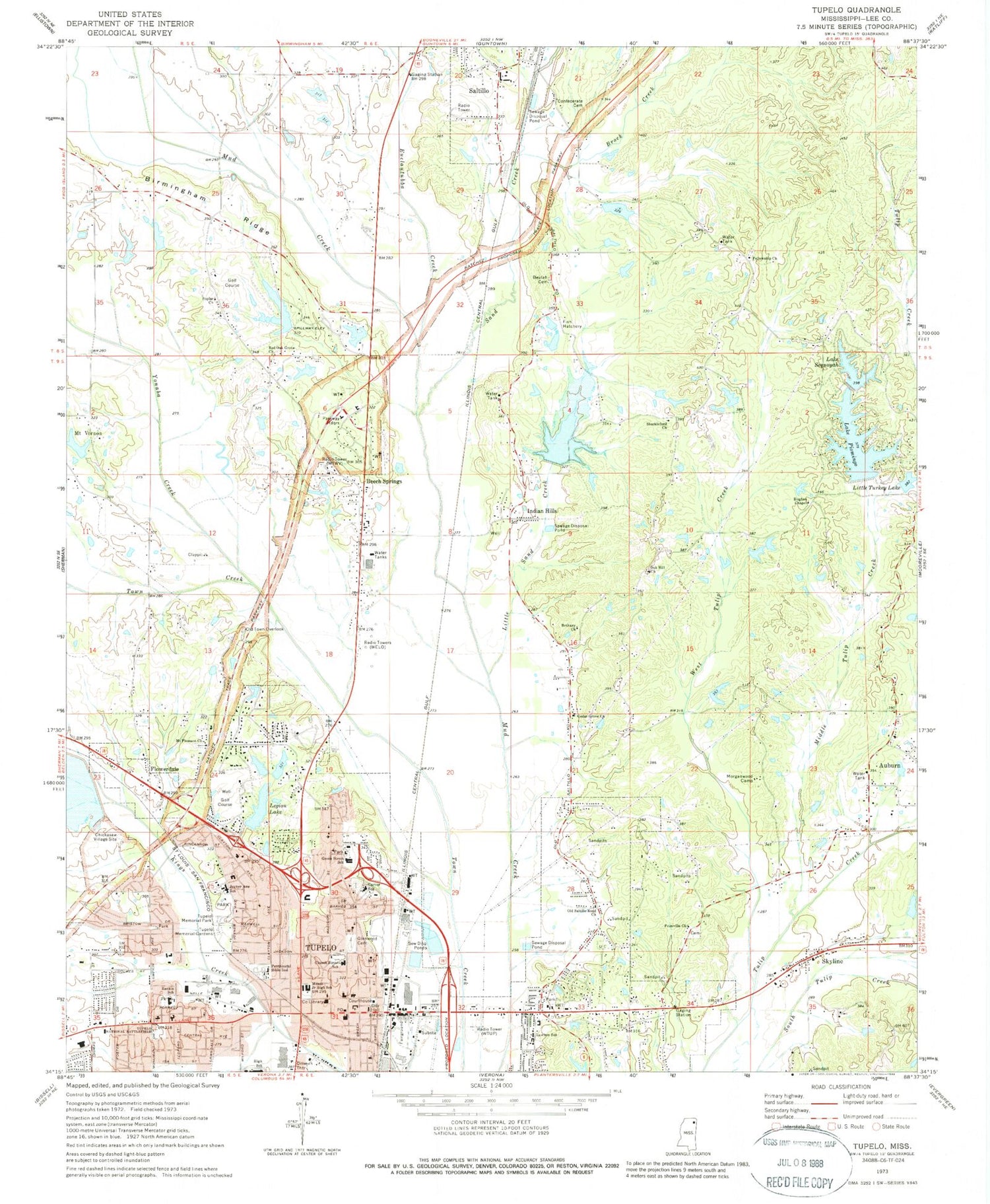 Classic USGS Tupelo Mississippi 7.5'x7.5' Topo Map Image