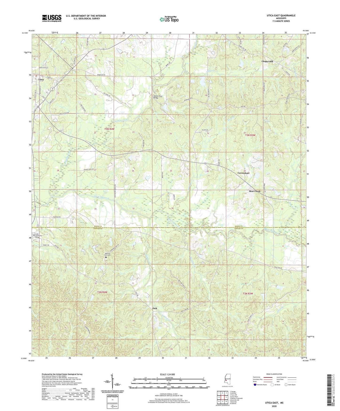 Utica East Mississippi US Topo Map Image