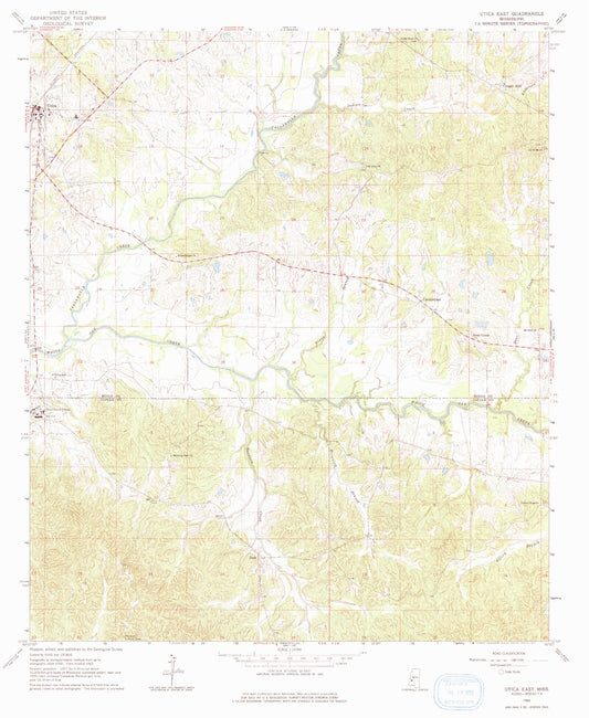 Classic USGS Utica East Mississippi 7.5'x7.5' Topo Map Image