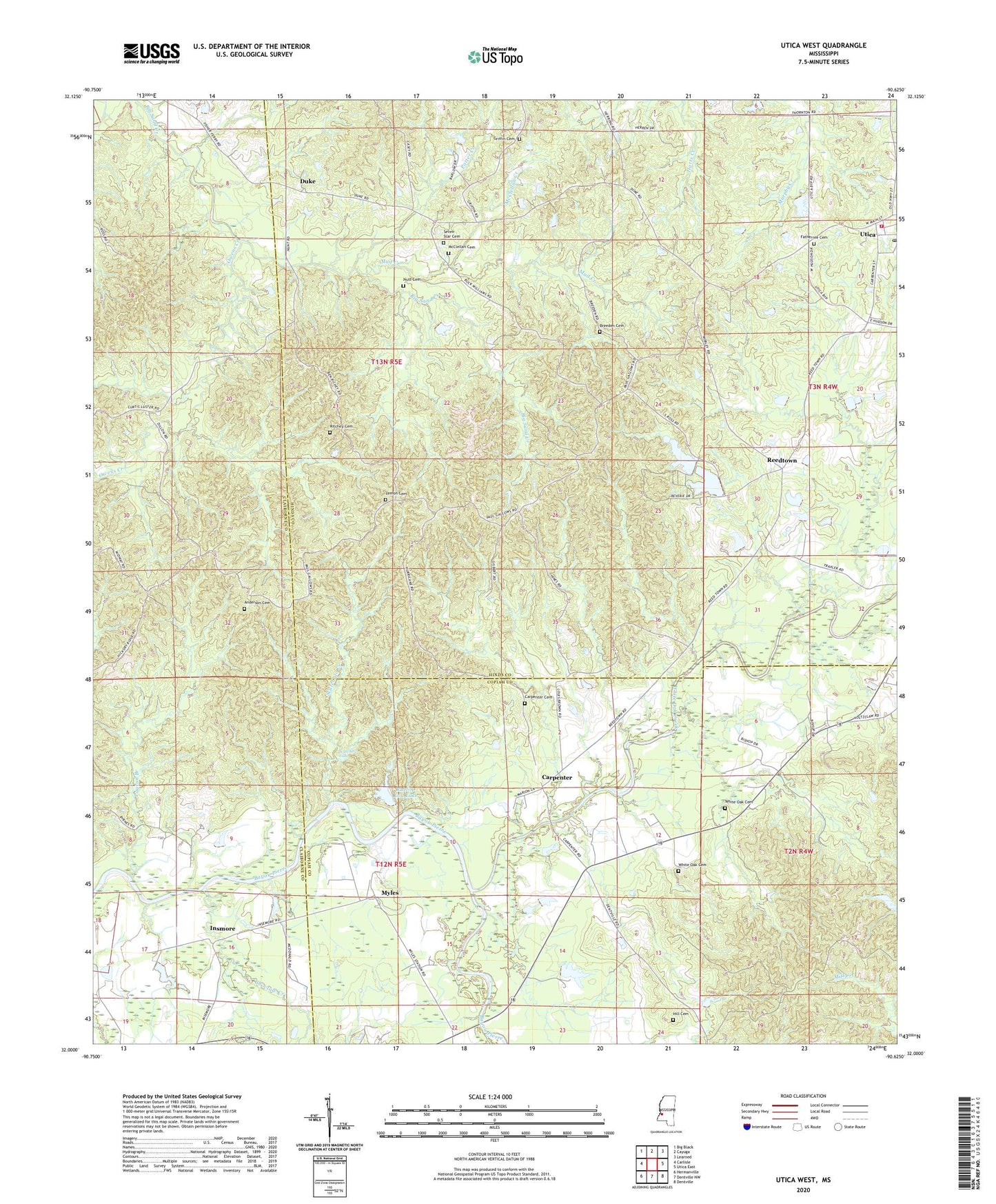 Utica West Mississippi US Topo Map Image