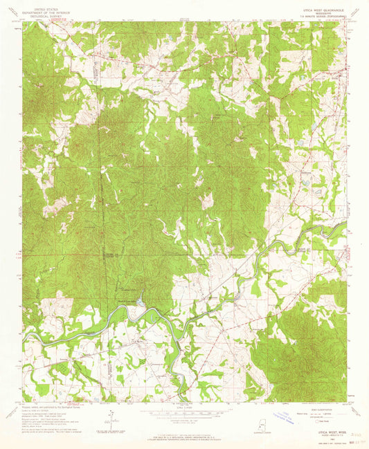 Classic USGS Utica West Mississippi 7.5'x7.5' Topo Map Image