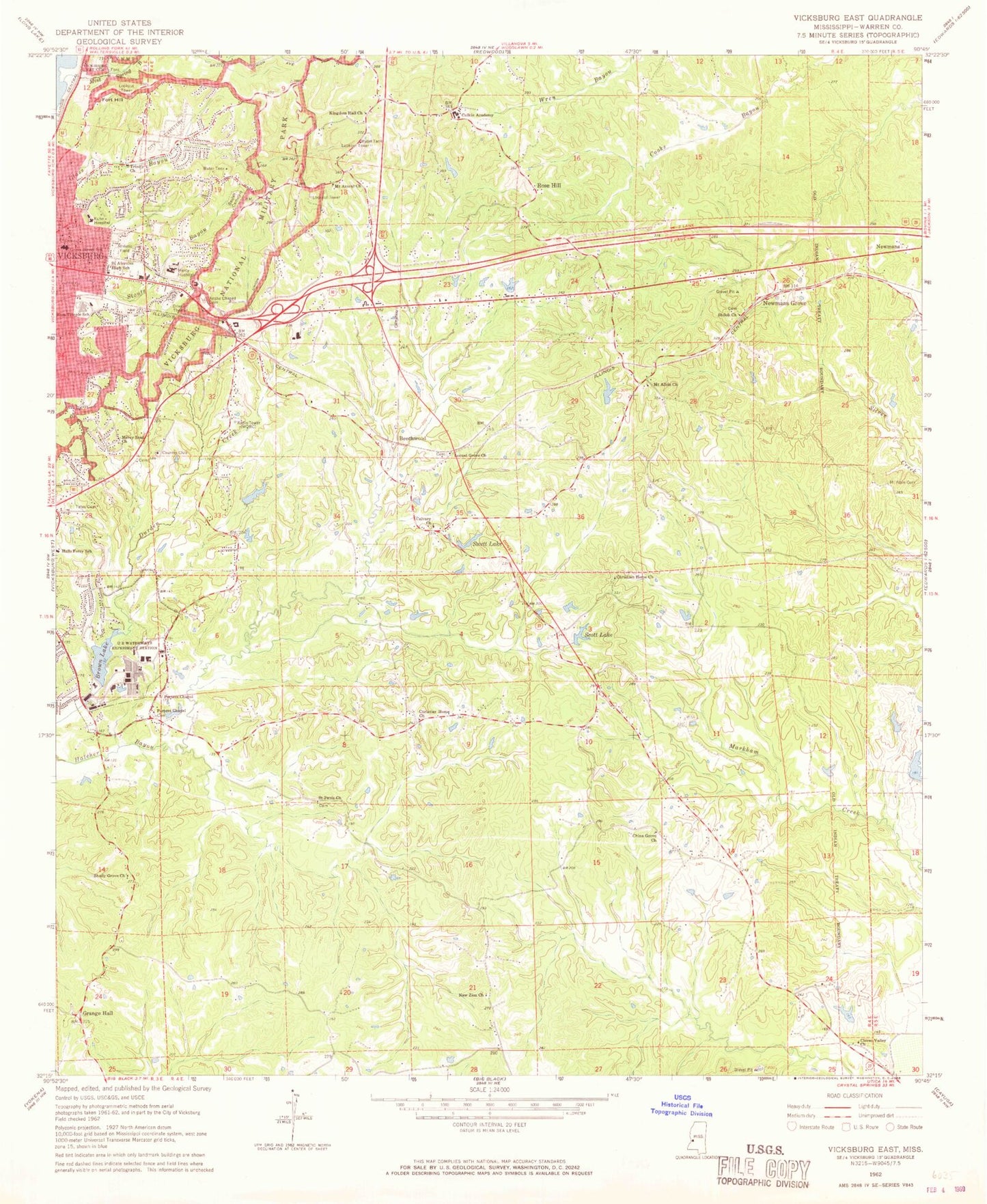 Classic USGS Vicksburg East Mississippi 7.5'x7.5' Topo Map Image