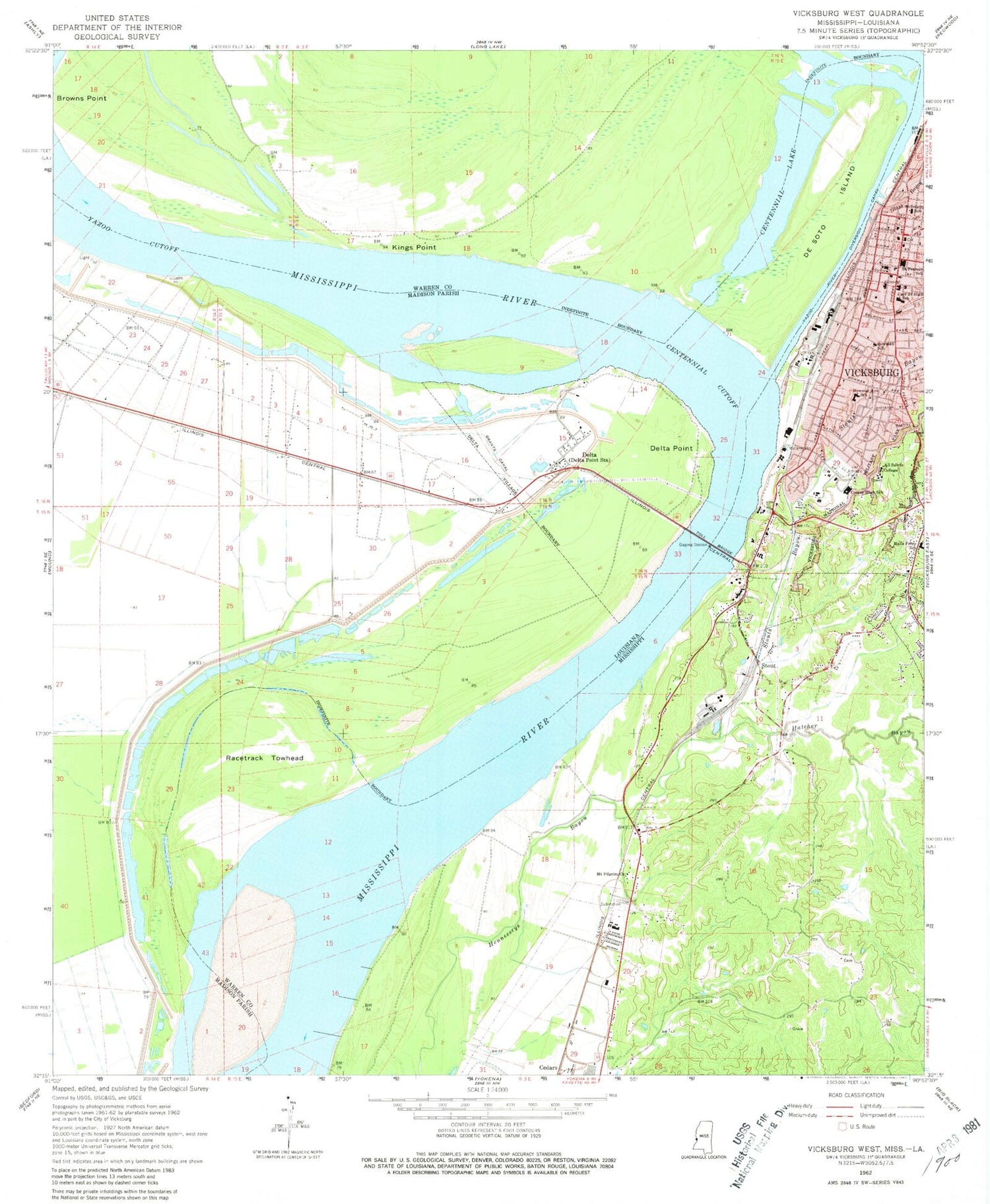 Classic USGS Vicksburg West Mississippi 7.5'x7.5' Topo Map Image