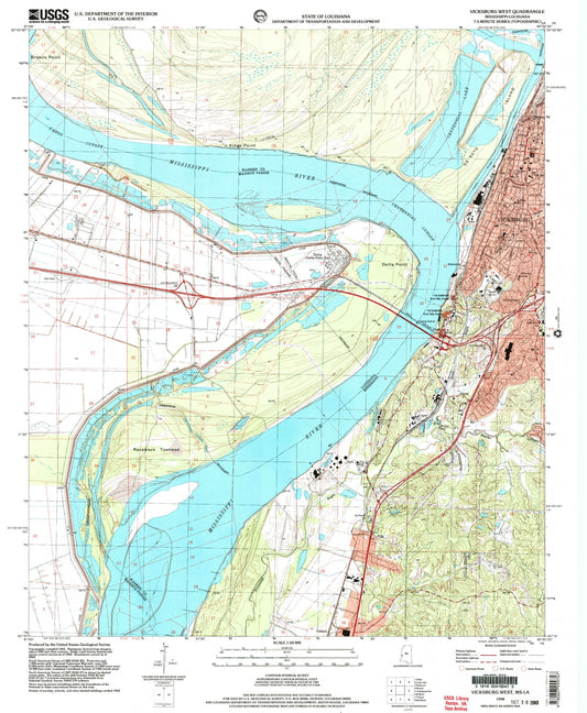 Classic USGS Vicksburg West Mississippi 7.5'x7.5' Topo Map Image