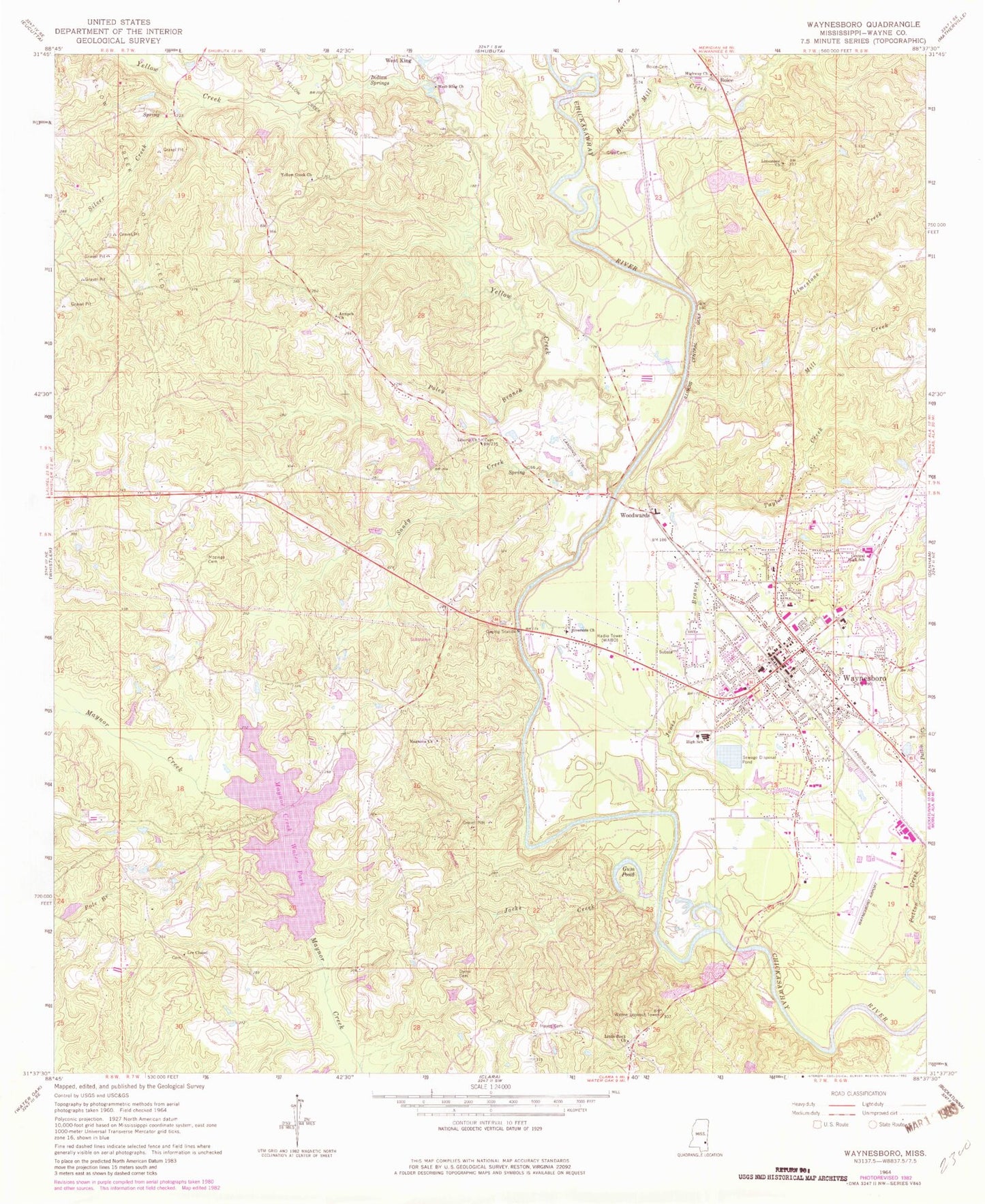 Classic USGS Waynesboro Mississippi 7.5'x7.5' Topo Map Image