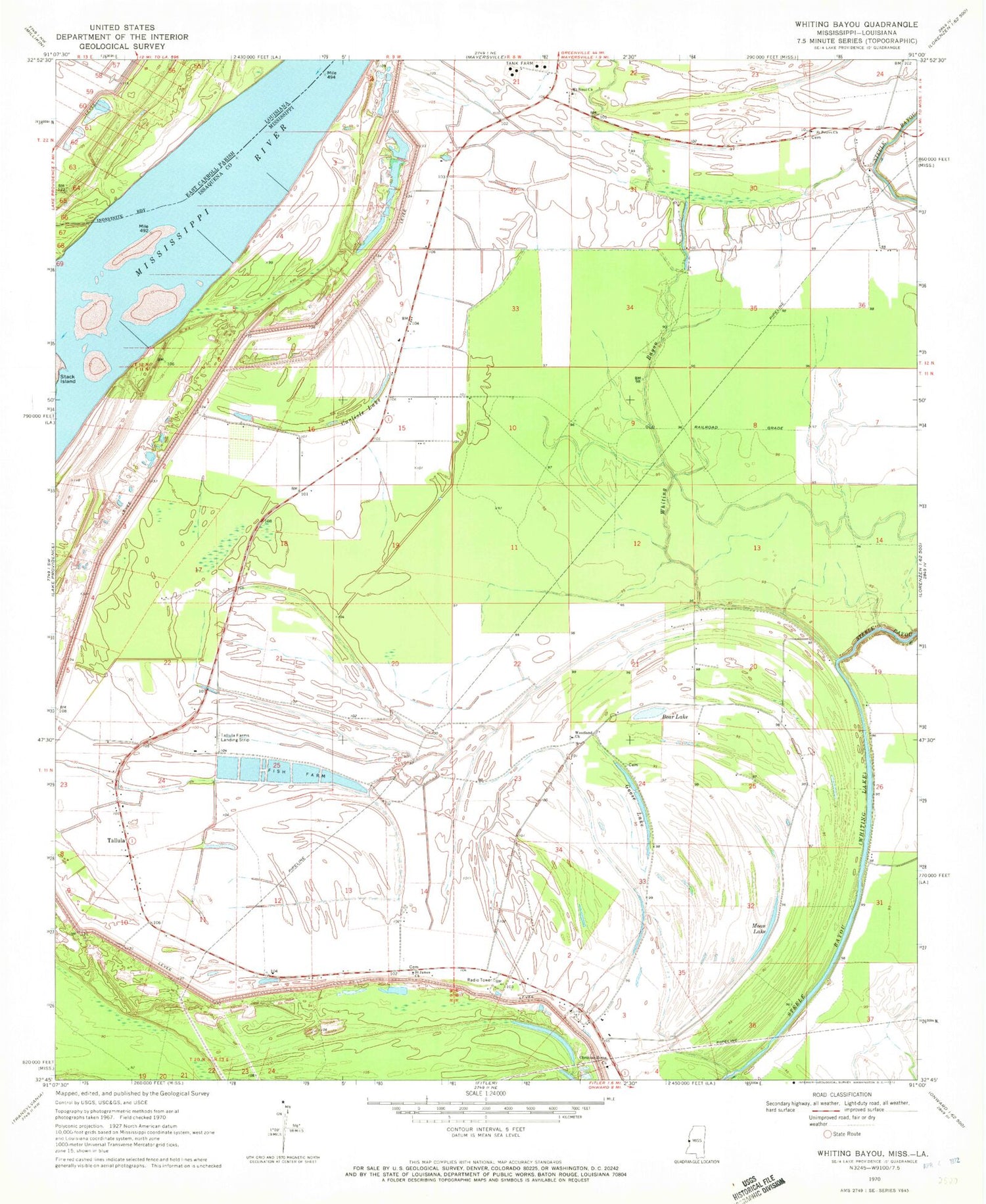 Classic USGS Whiting Bayou Mississippi 7.5'x7.5' Topo Map Image