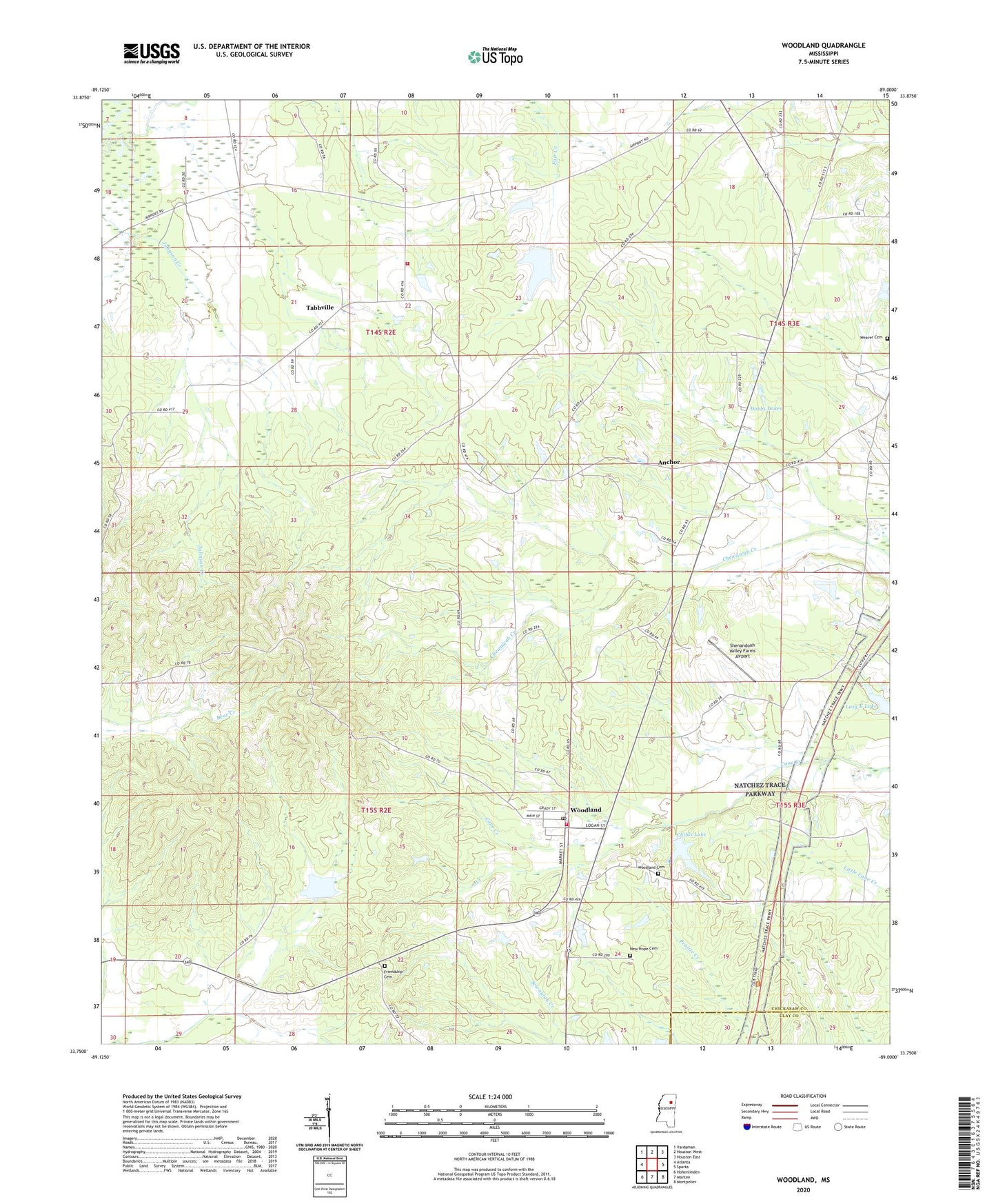 Woodland Mississippi US Topo Map Image
