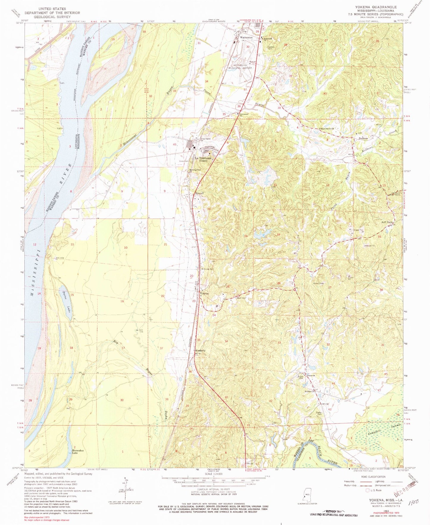 Classic USGS Yokena Mississippi 7.5'x7.5' Topo Map Image