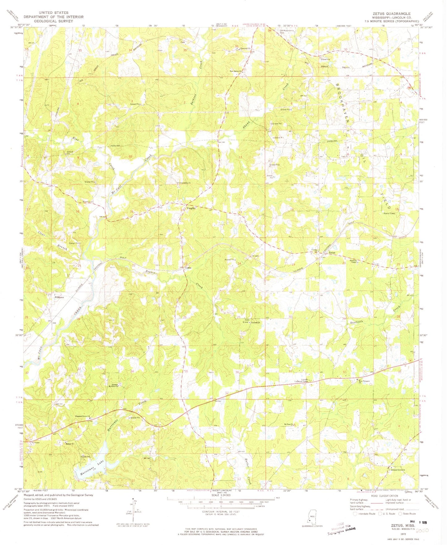 Classic USGS Zetus Mississippi 7.5'x7.5' Topo Map Image
