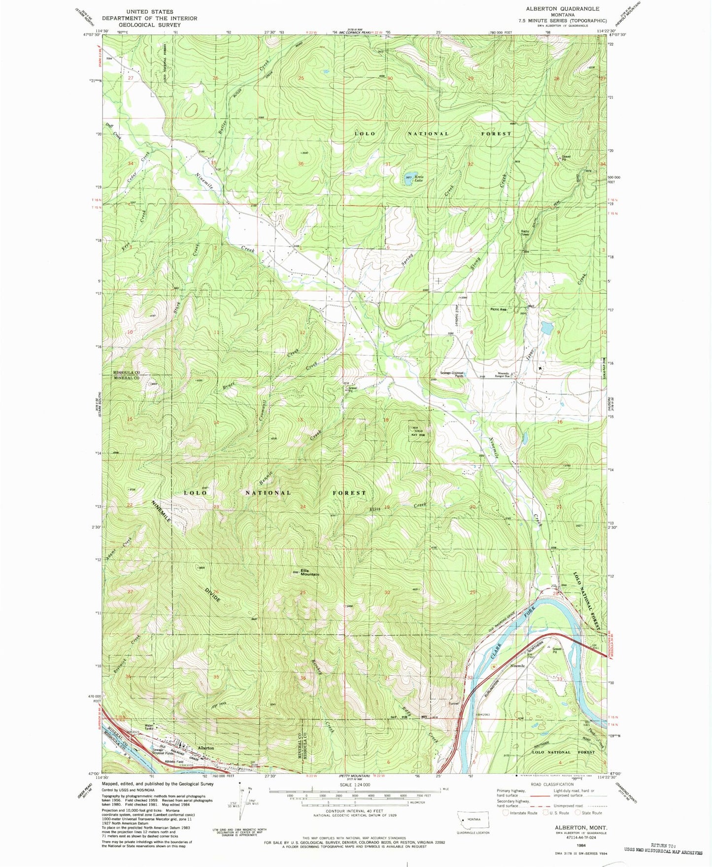 Classic USGS Alberton Montana 7.5'x7.5' Topo Map Image