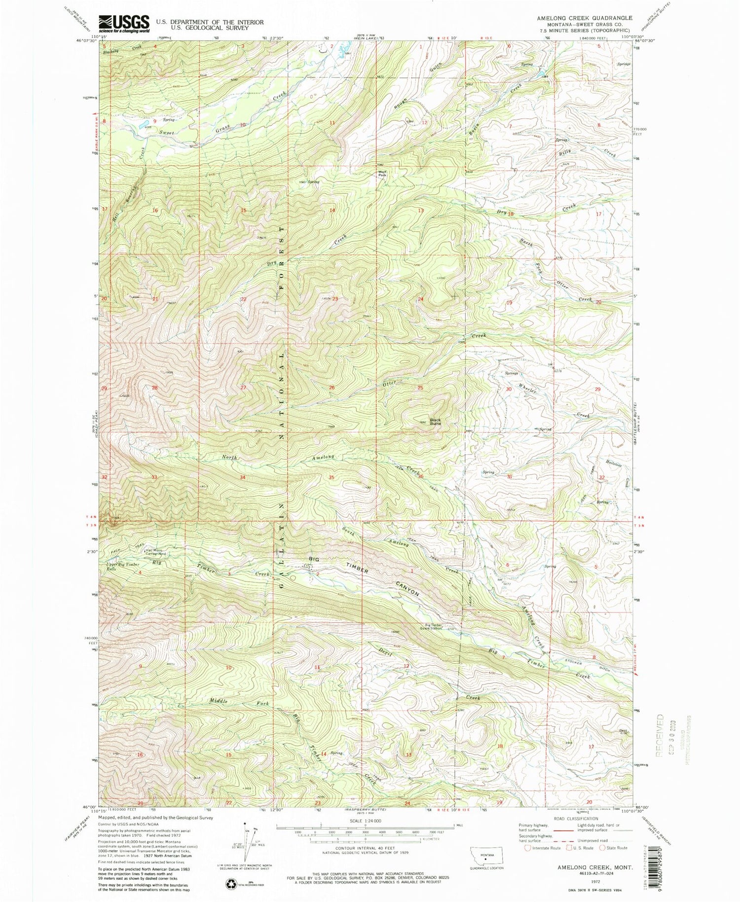Classic USGS Amelong Creek Montana 7.5'x7.5' Topo Map Image