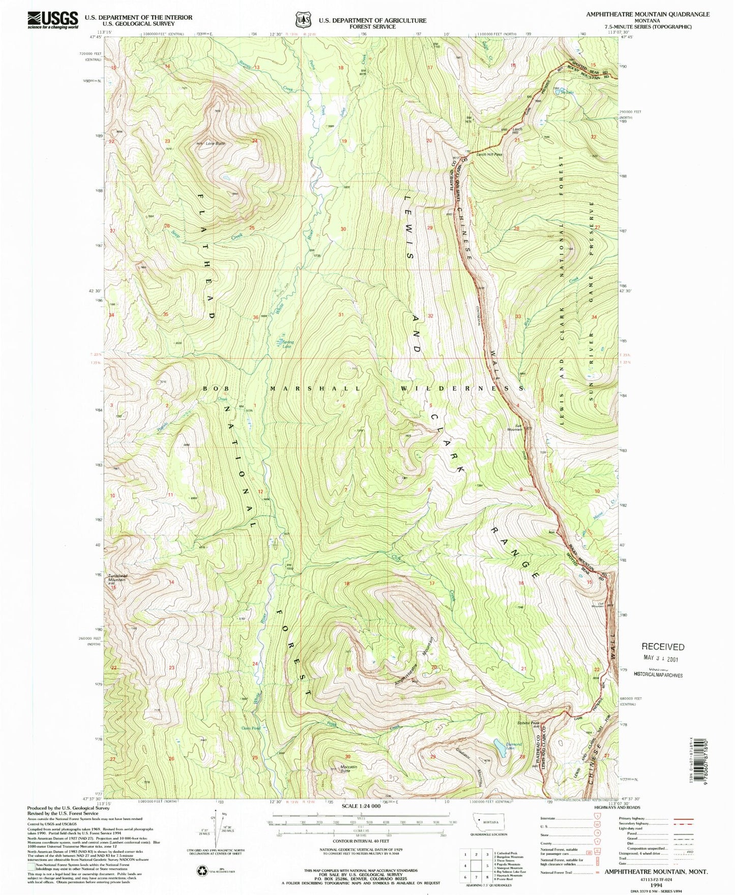 Classic USGS Amphitheatre Mountain Montana 7.5'x7.5' Topo Map Image