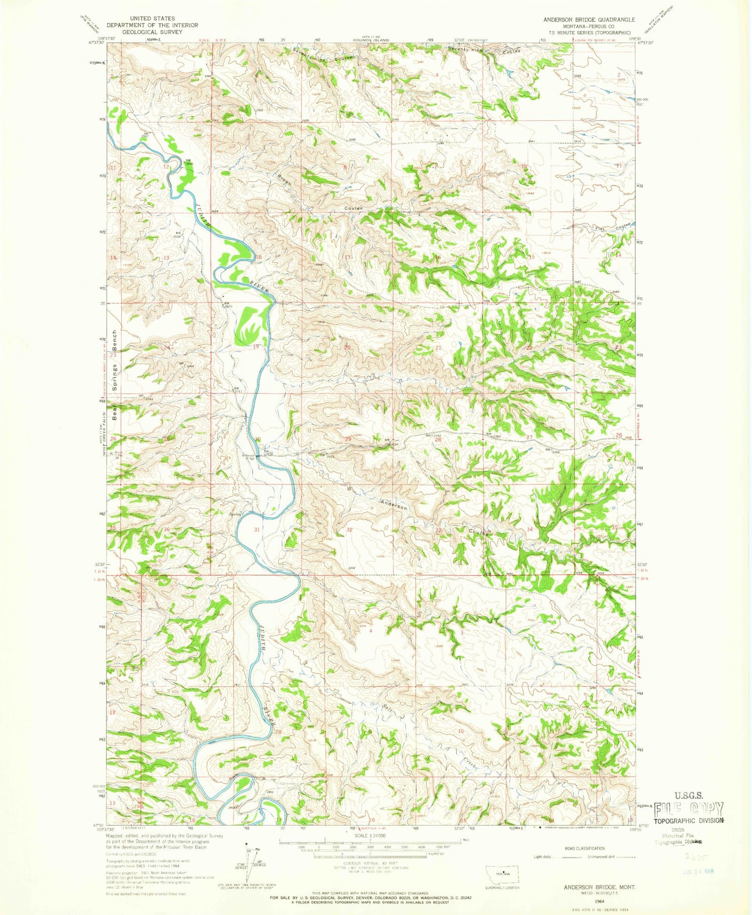 Classic USGS Anderson Bridge Montana 7.5'x7.5' Topo Map Image
