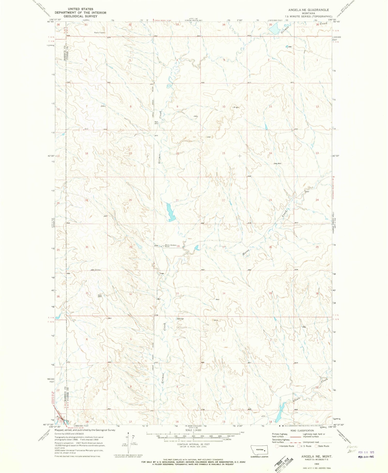 Classic USGS Angela NE Montana 7.5'x7.5' Topo Map Image
