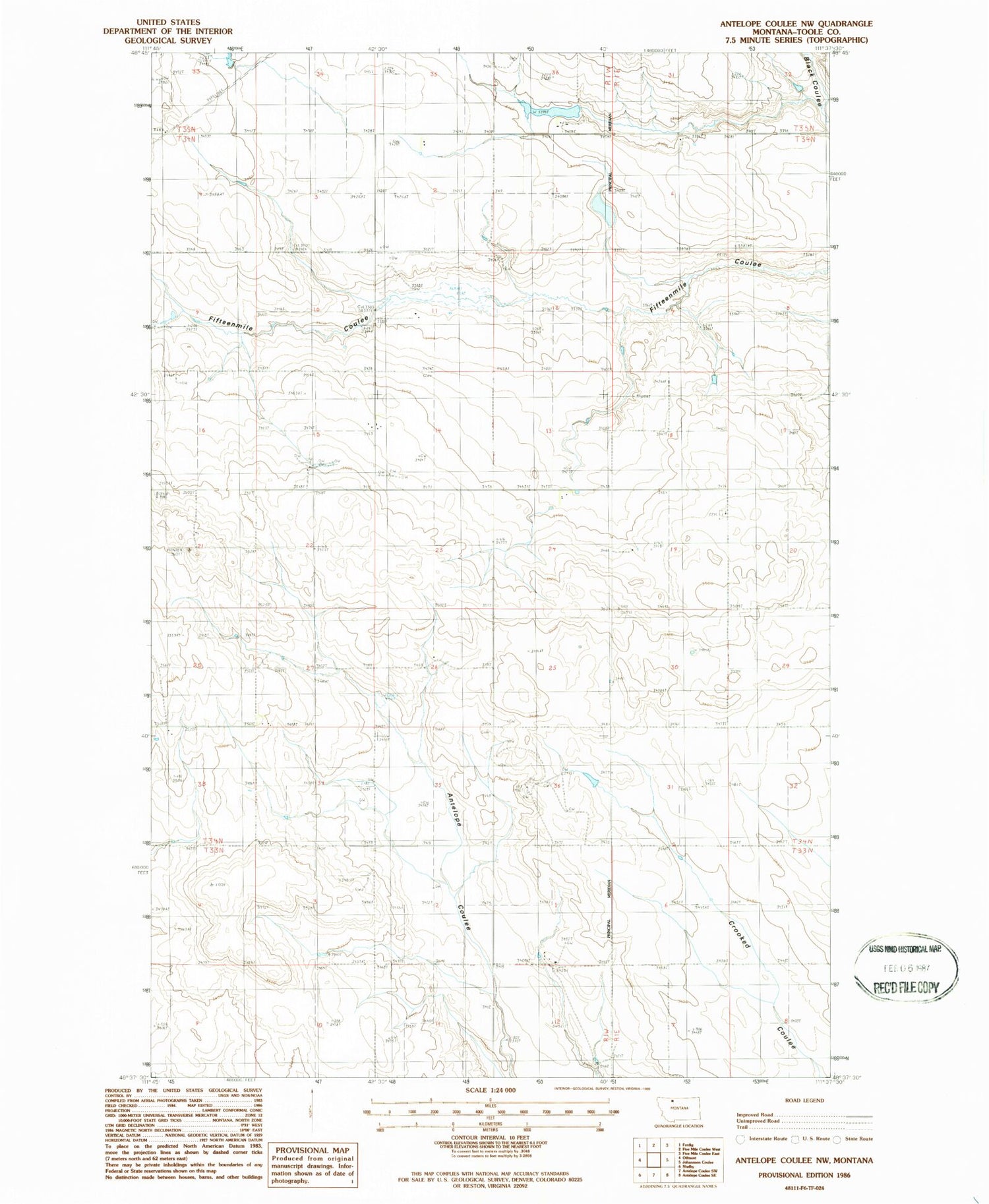 Classic USGS Antelope Coulee NW Montana 7.5'x7.5' Topo Map Image
