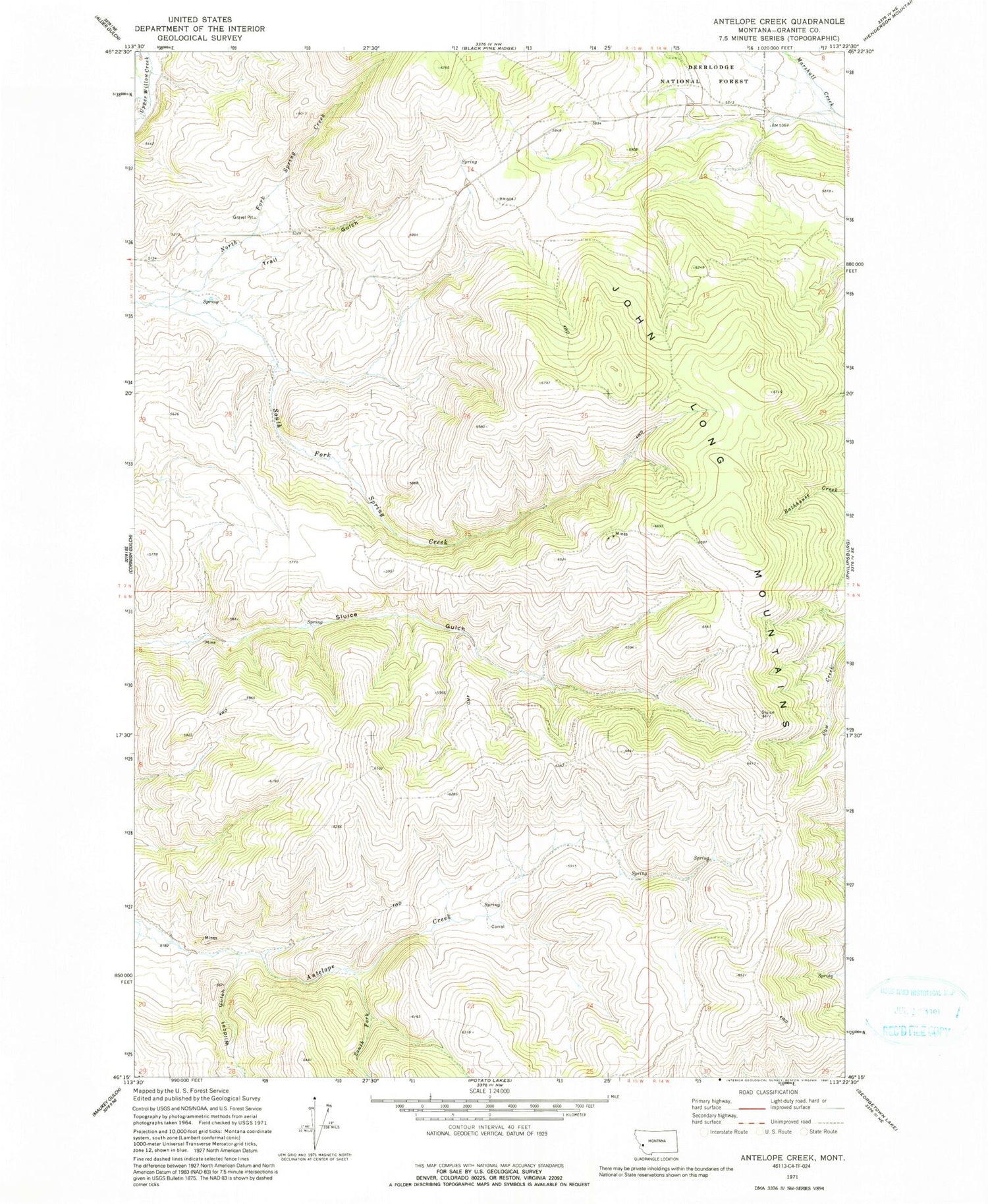 Classic USGS Antelope Creek Montana 7.5'x7.5' Topo Map Image