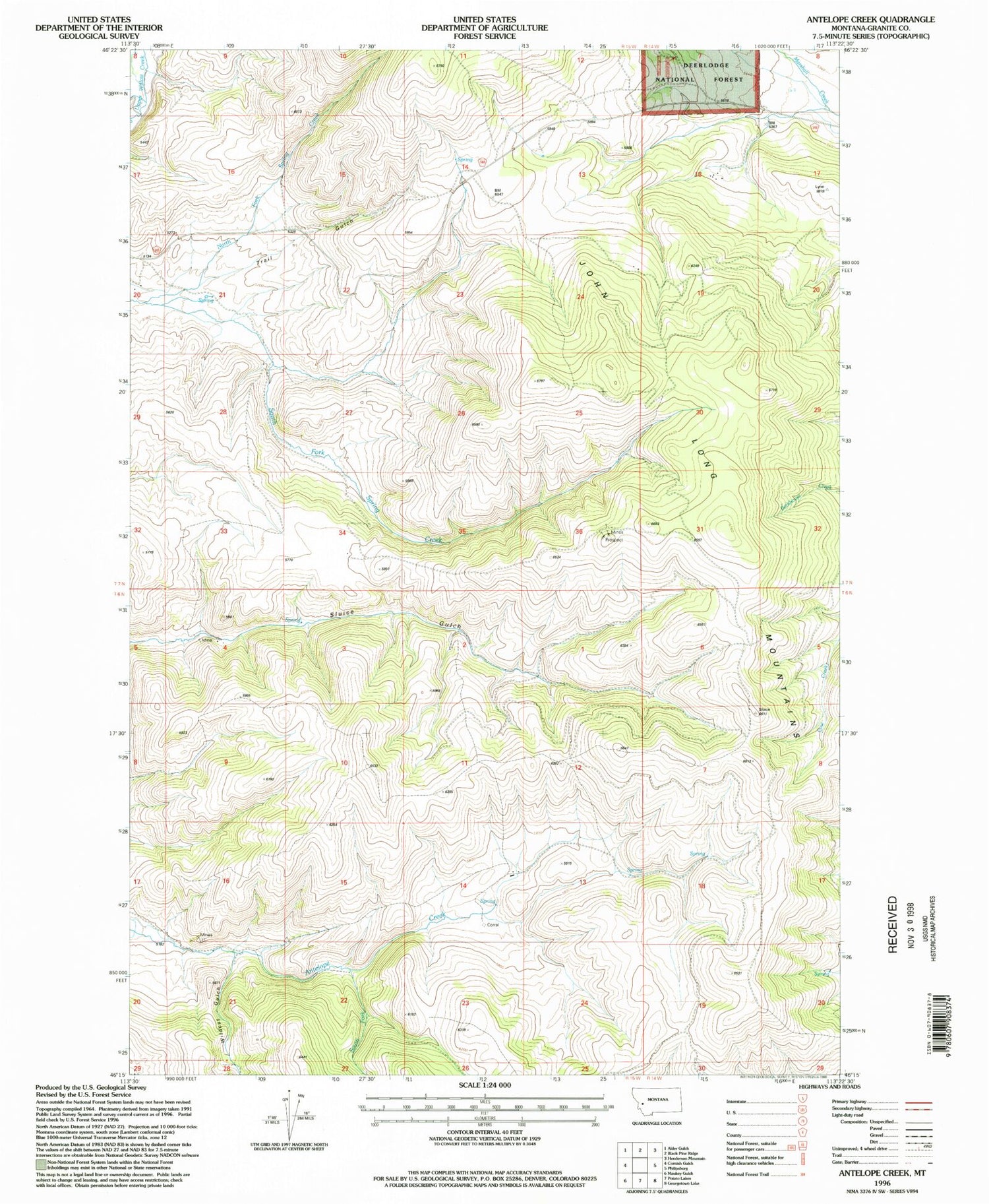 Classic USGS Antelope Creek Montana 7.5'x7.5' Topo Map Image