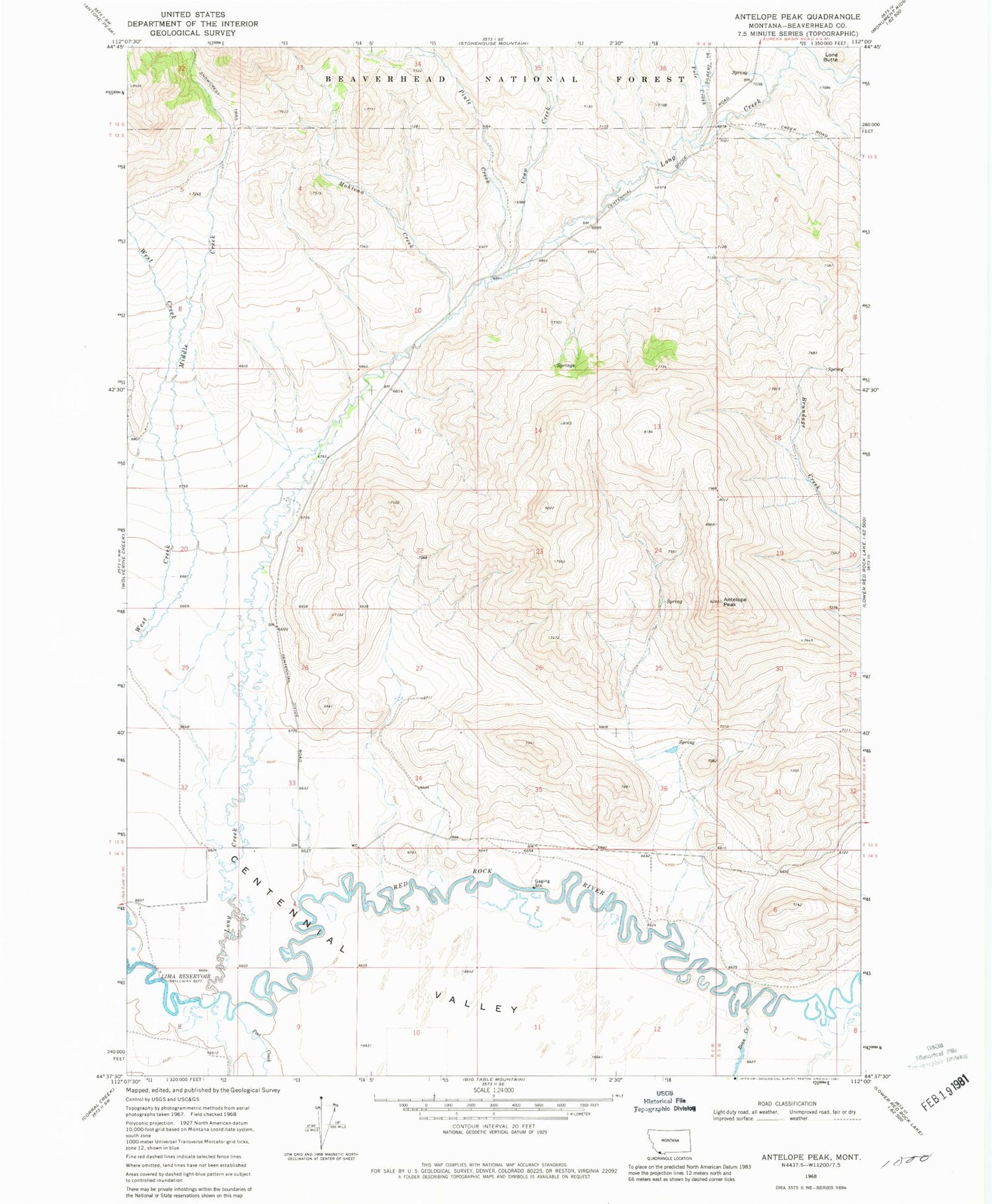 Classic USGS Antelope Peak Montana 7.5'x7.5' Topo Map Image