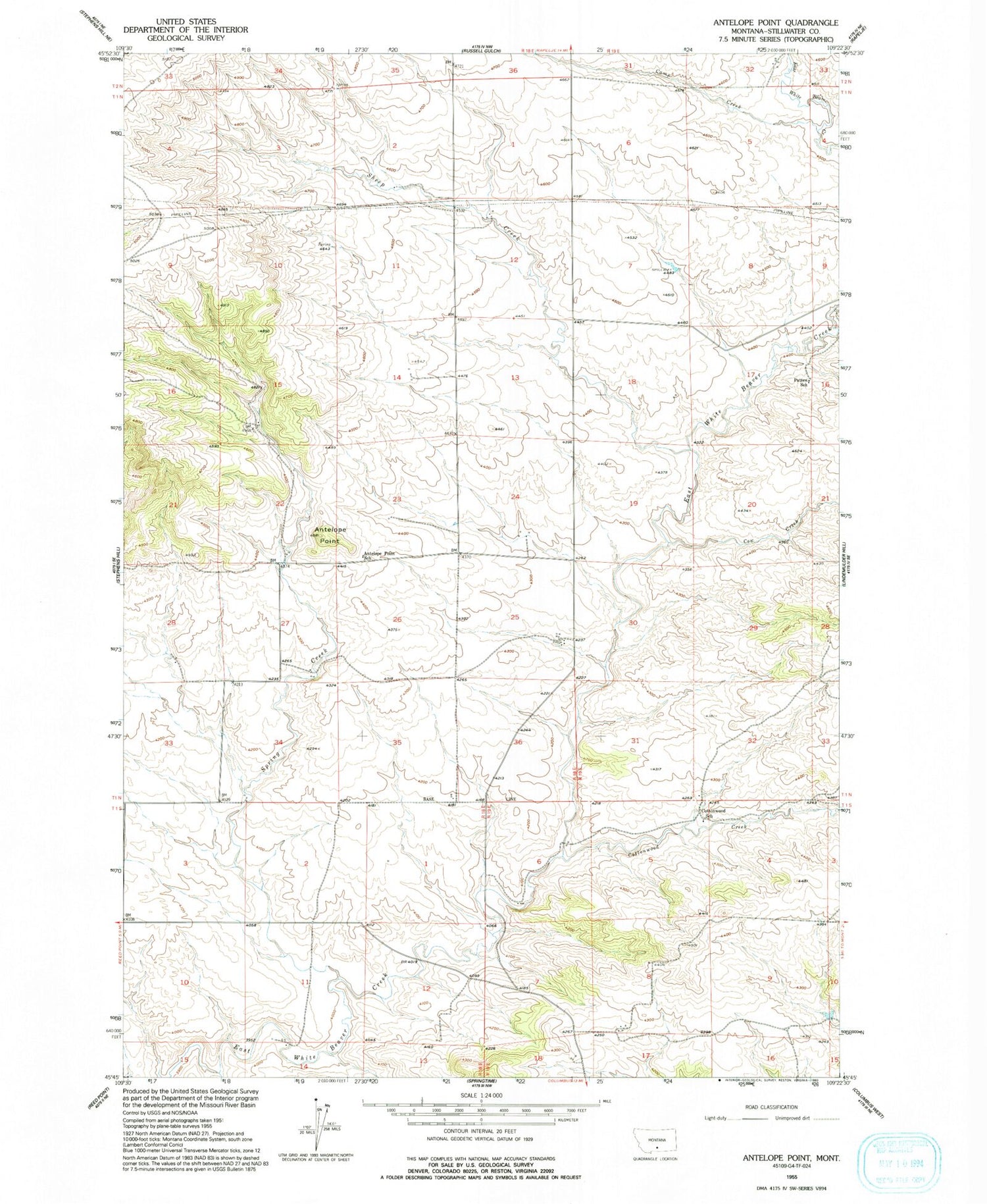 Classic USGS Antelope Point Montana 7.5'x7.5' Topo Map Image
