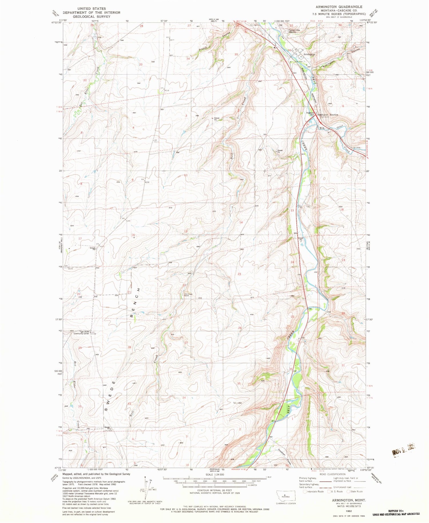 Classic USGS Armington Montana 7.5'x7.5' Topo Map Image