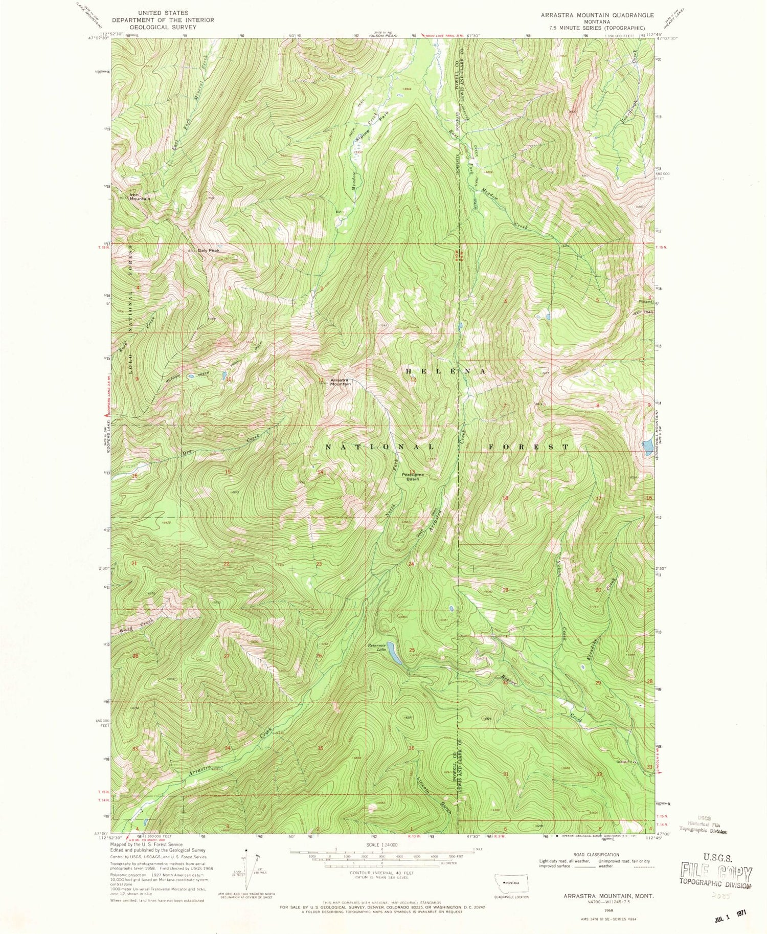 Classic USGS Arrastra Mountain Montana 7.5'x7.5' Topo Map Image