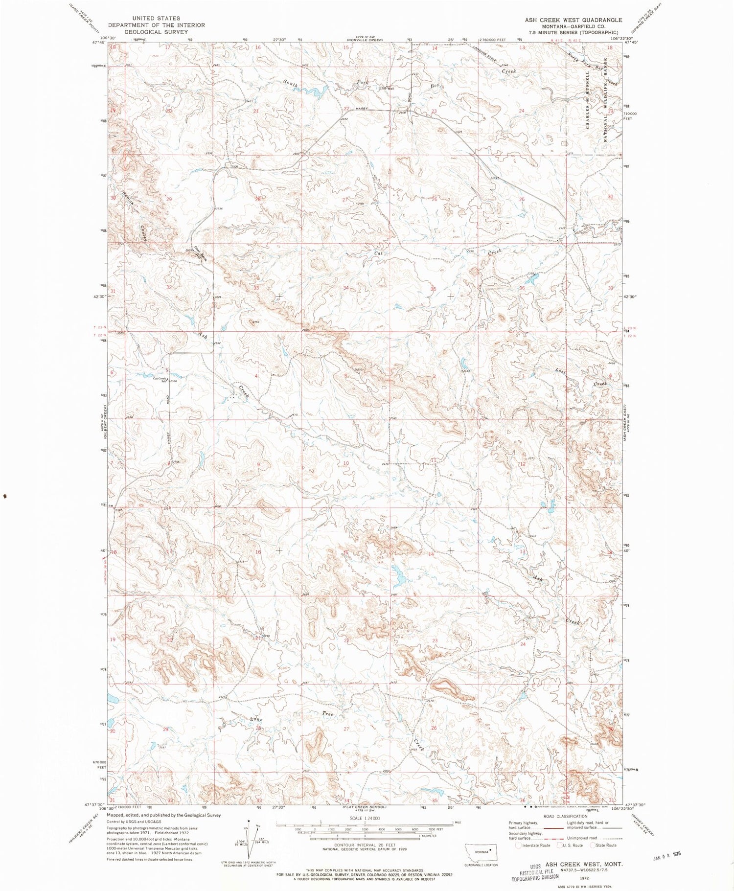 Classic USGS Ash Creek West Montana 7.5'x7.5' Topo Map Image