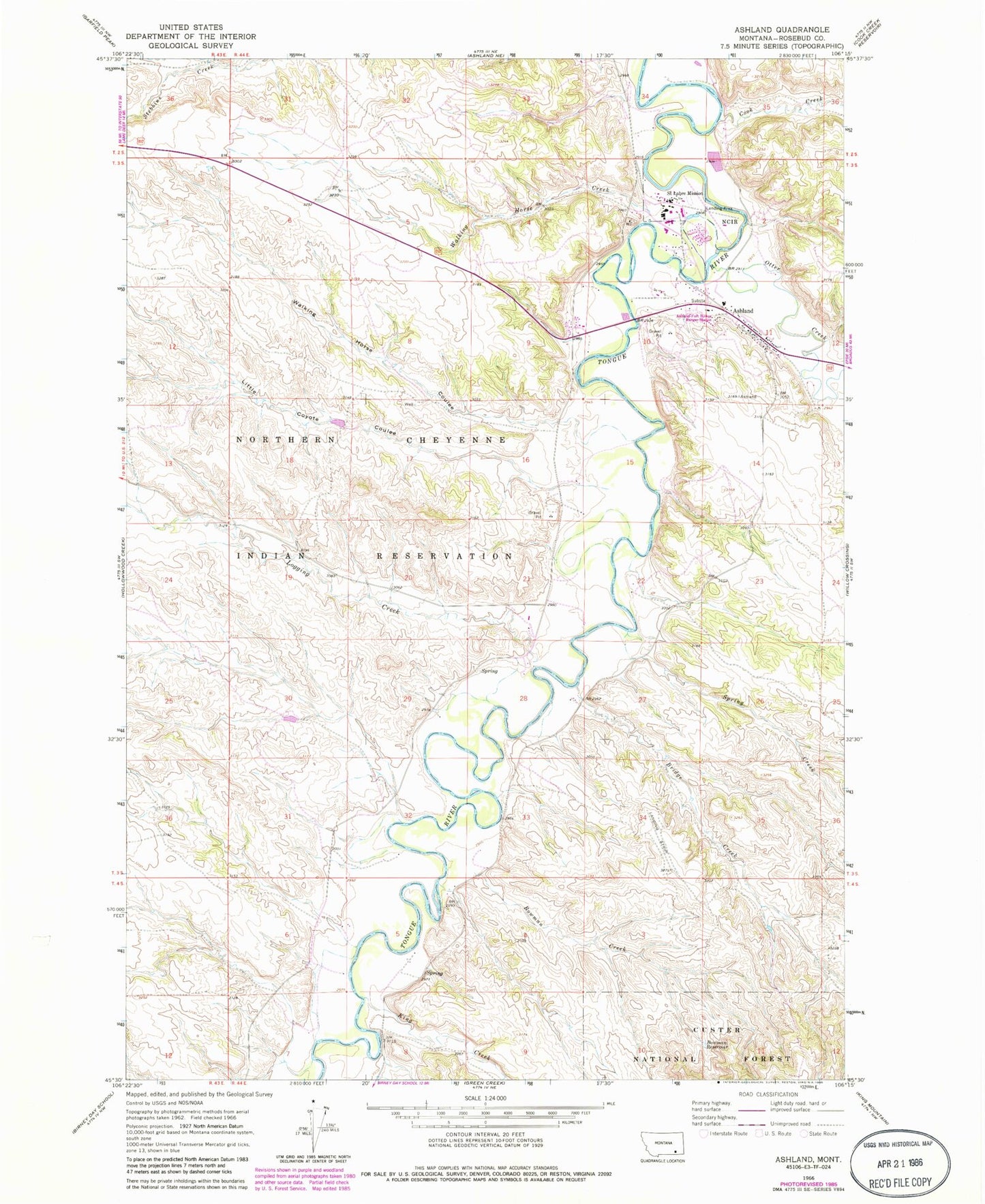 Classic USGS Ashland Montana 7.5'x7.5' Topo Map Image