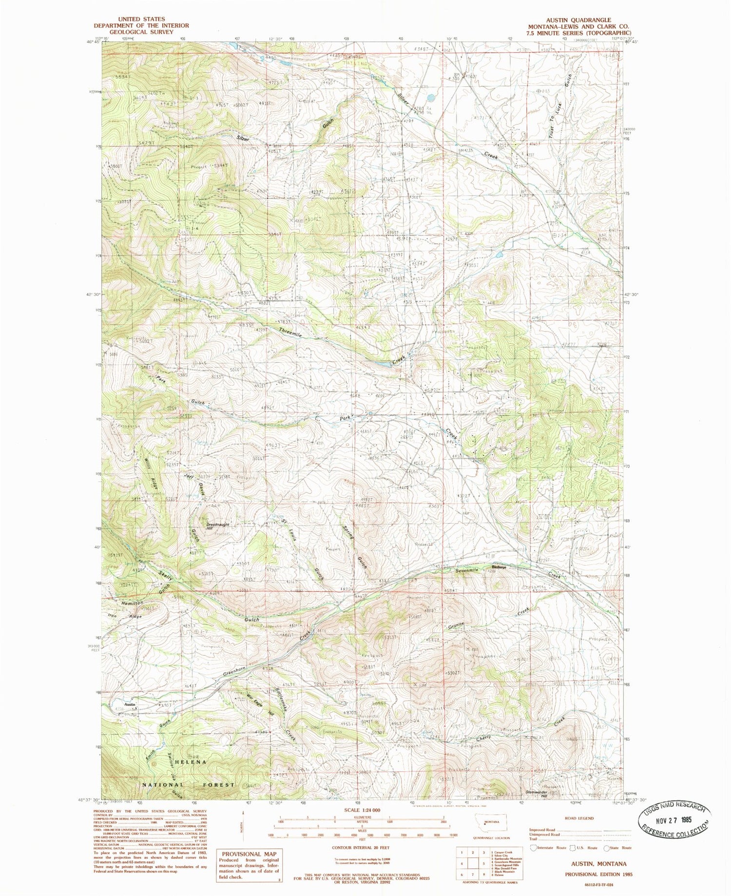 Classic USGS Austin Montana 7.5'x7.5' Topo Map Image