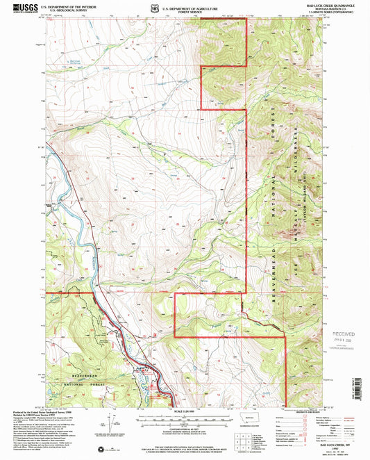 Classic USGS Bad Luck Creek Montana 7.5'x7.5' Topo Map Image