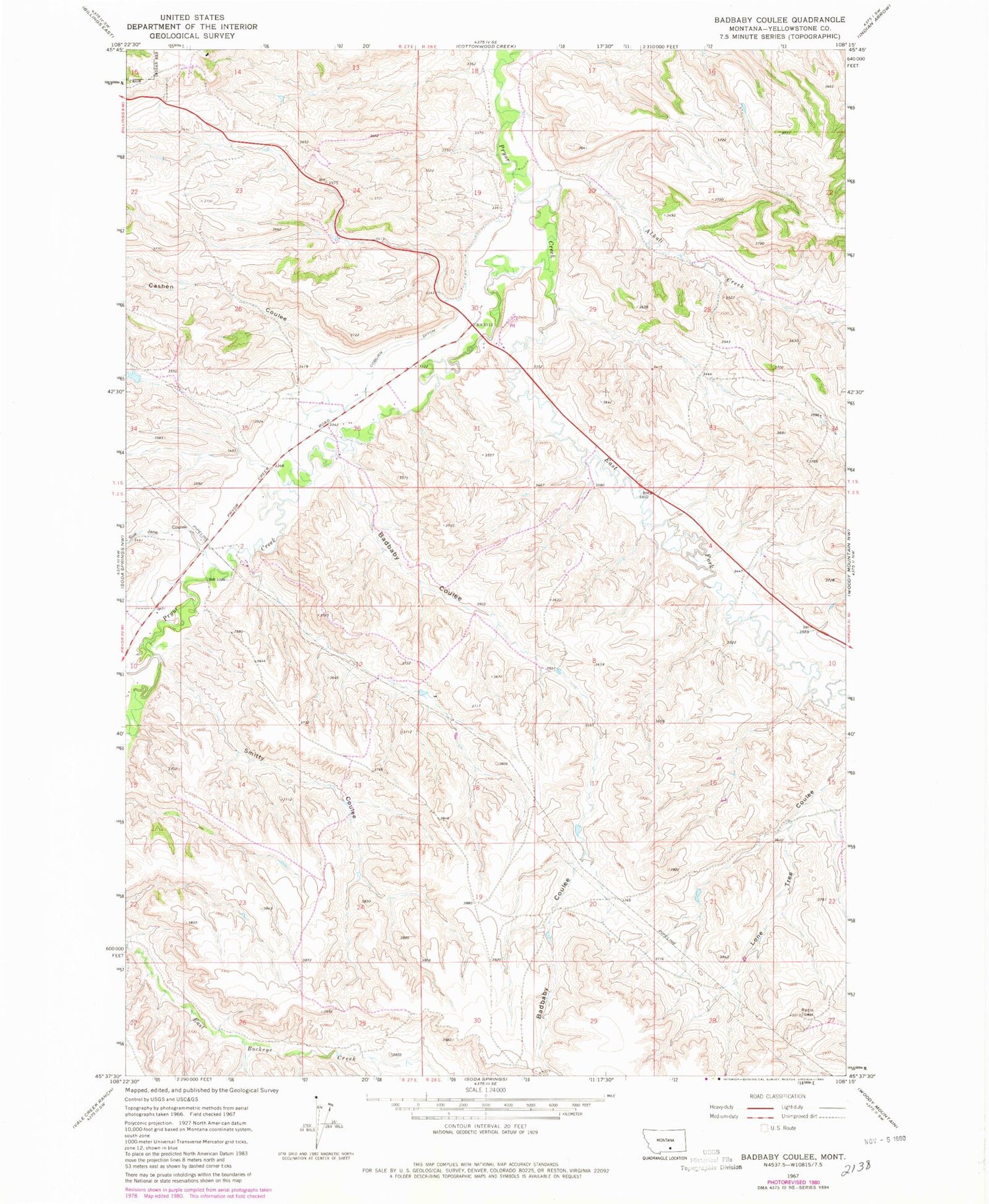 Classic USGS Badbaby Coulee Montana 7.5'x7.5' Topo Map Image