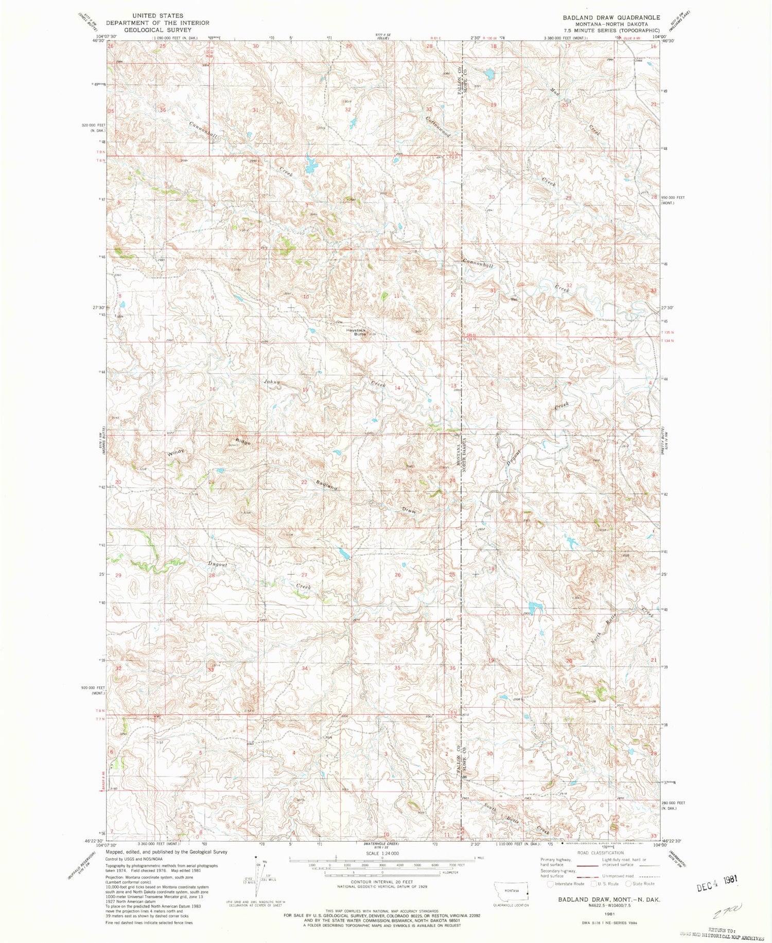Classic USGS Badland Draw Montana 7.5'x7.5' Topo Map Image