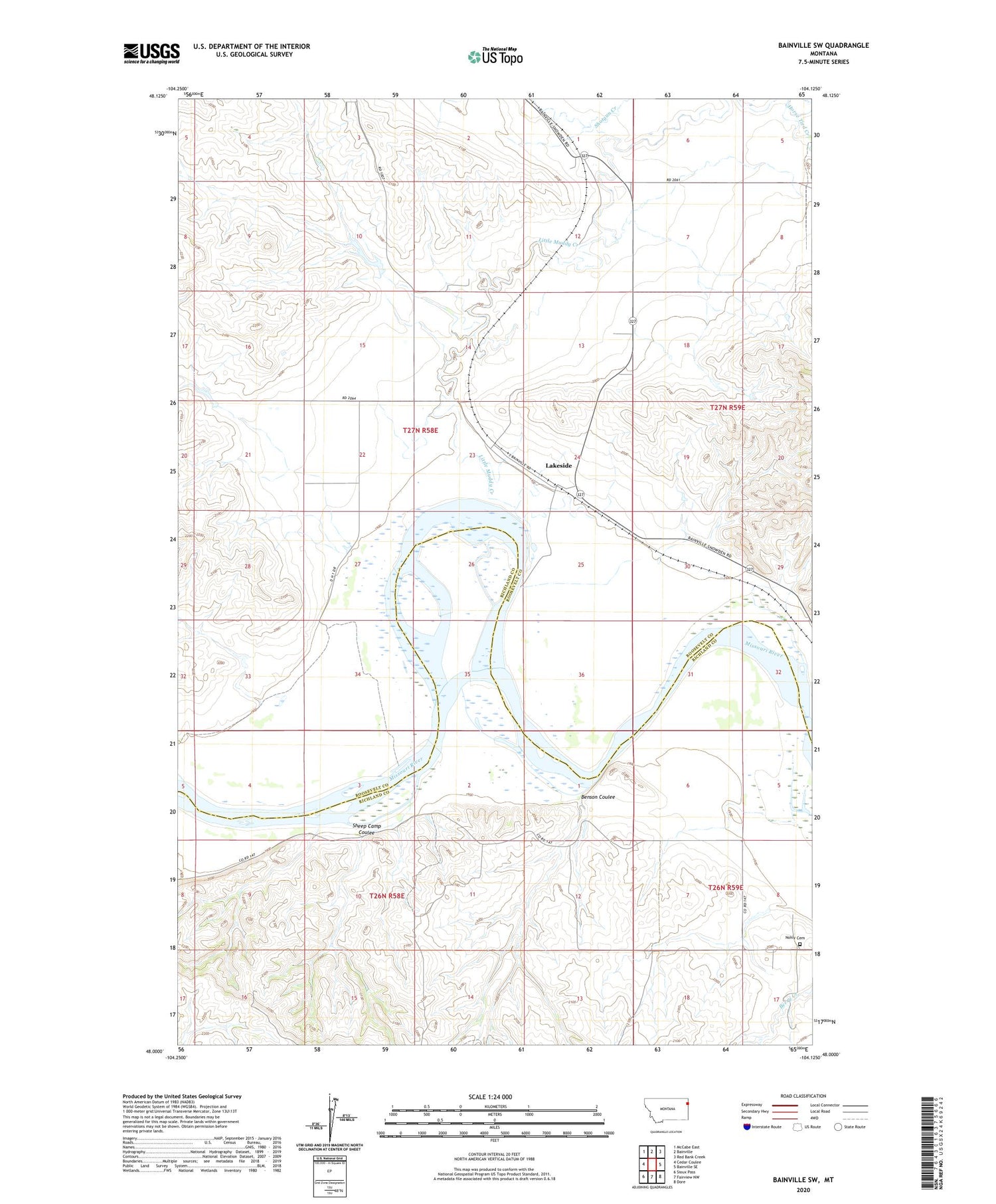 Bainville SW Montana US Topo Map Image