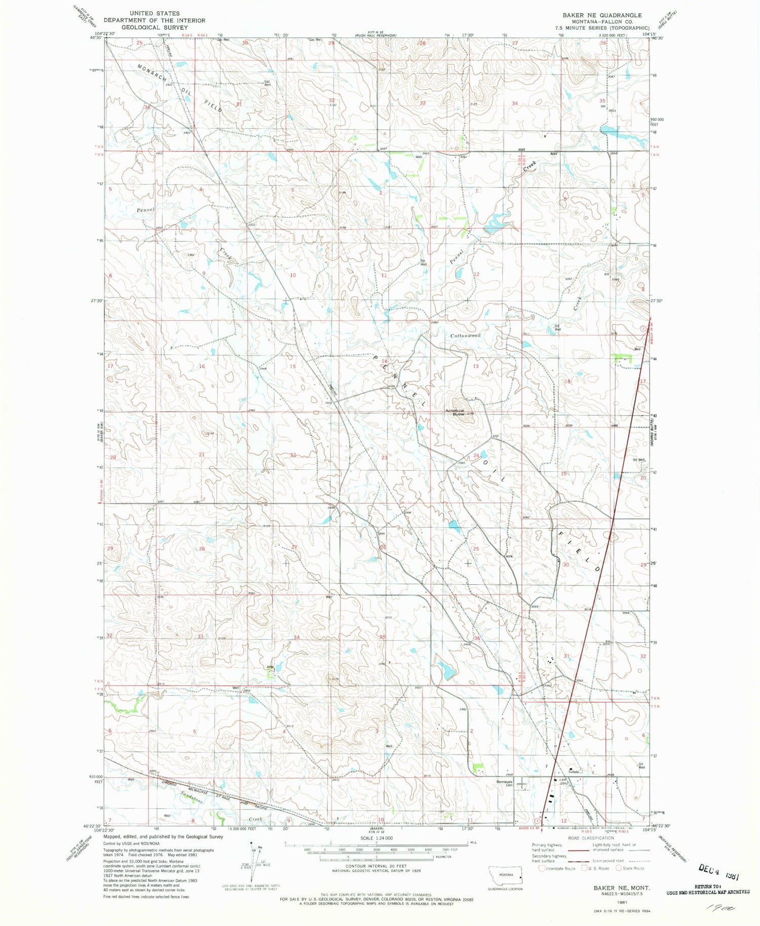 Classic USGS Baker NE Montana 7.5'x7.5' Topo Map Image