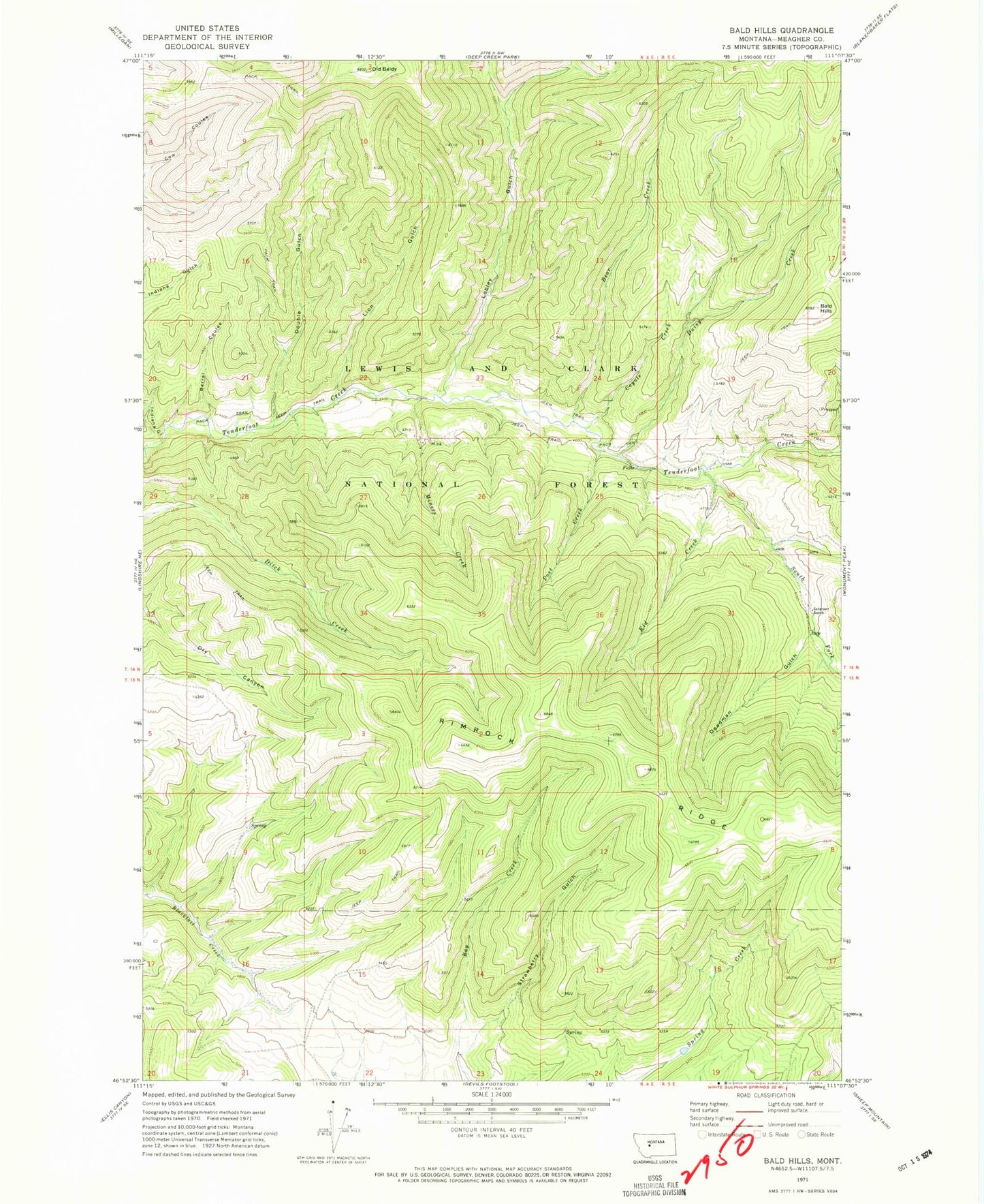 Classic USGS Bald Hills Montana 7.5'x7.5' Topo Map Image
